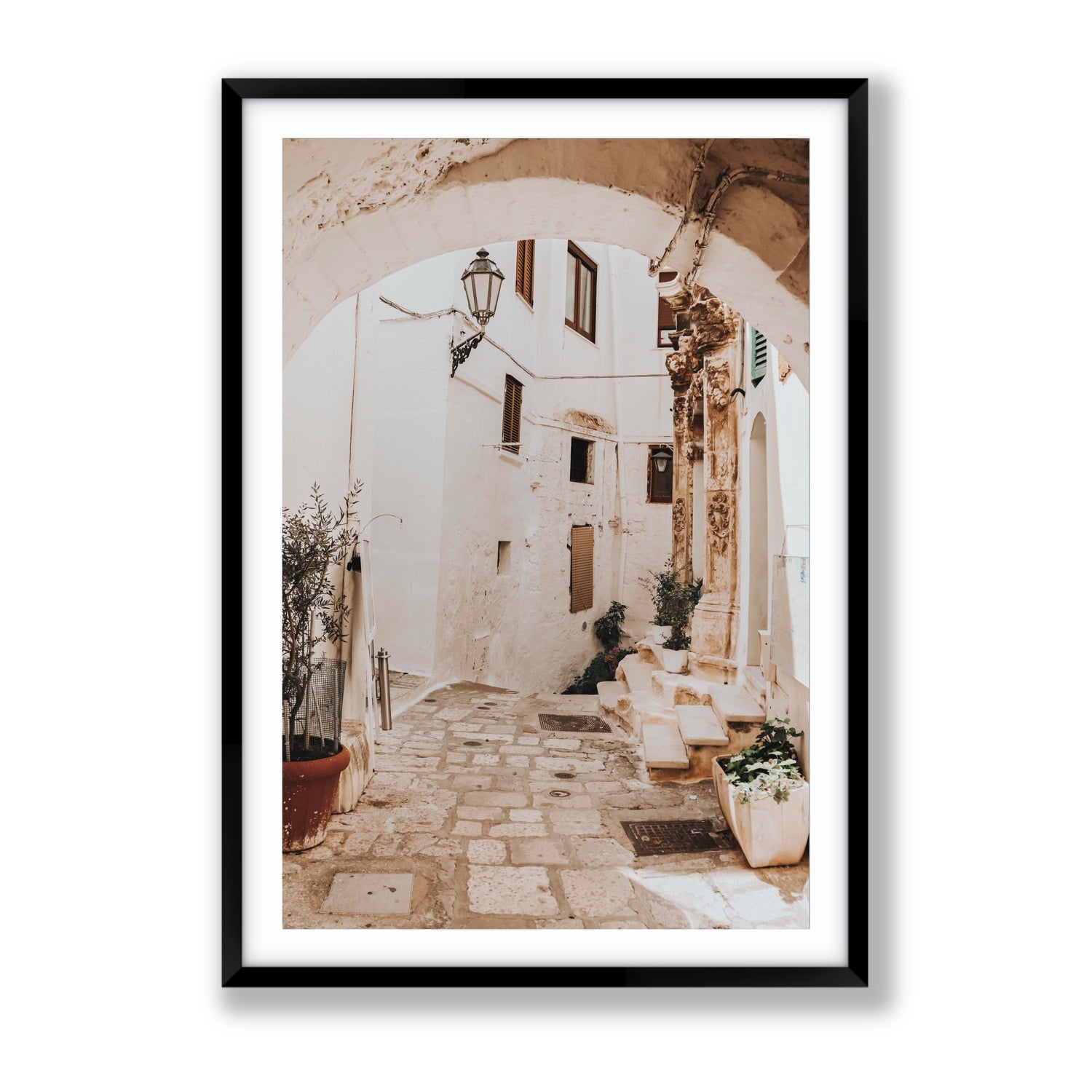 Pathway Wander Puglia Ostuni wall art Gallery fine art print in black frame with matboard