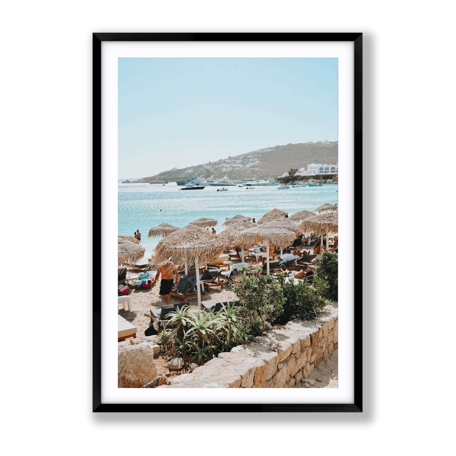 Beachside Huts Mykonos Greek island wall art Gallery fine art print in black frame with matboard