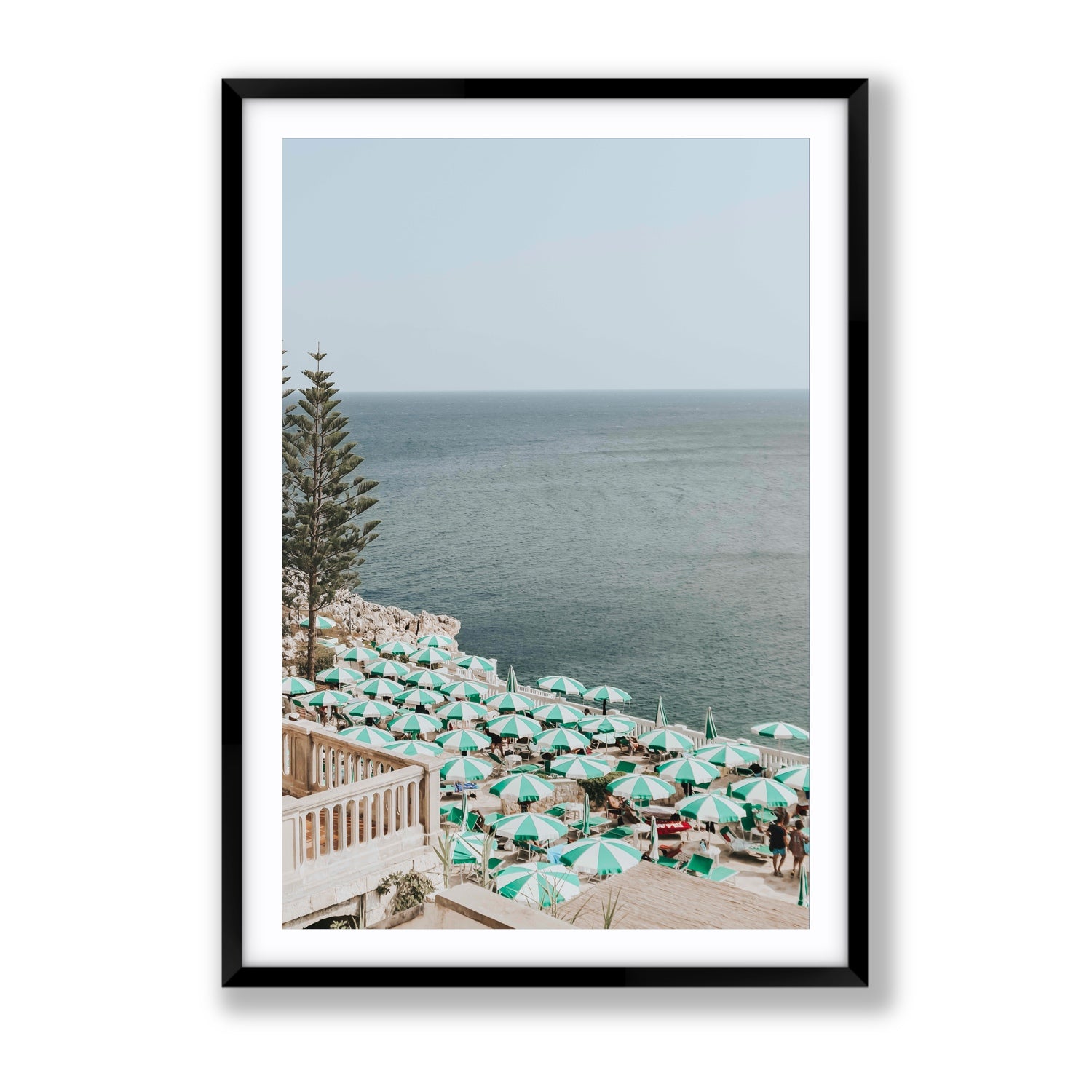 Sun-drenched Stripes Puglia beach coastal wall art Gallery fine art print in black frame with matboard