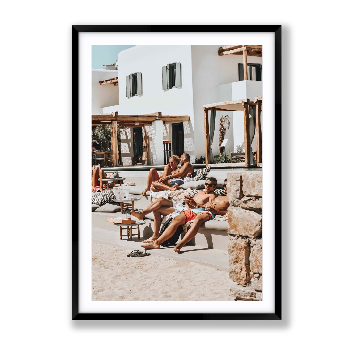 Style That Sizzles Mykonos Greek island wall art Gallery fine art print in black frame with matboard