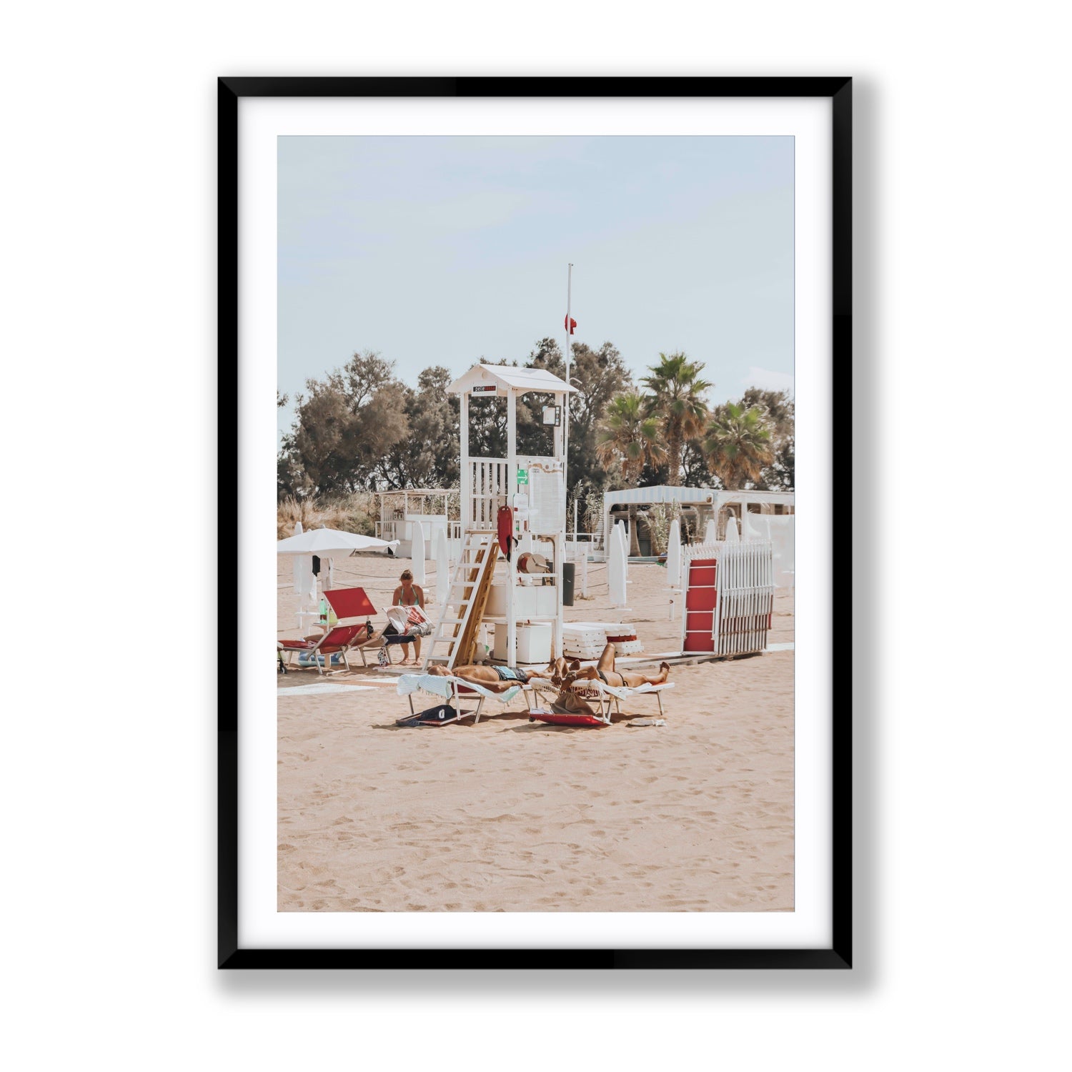 Red Lounge Reverie Puglia beach coastal wall art Gallery fine art print in black frame with matboard