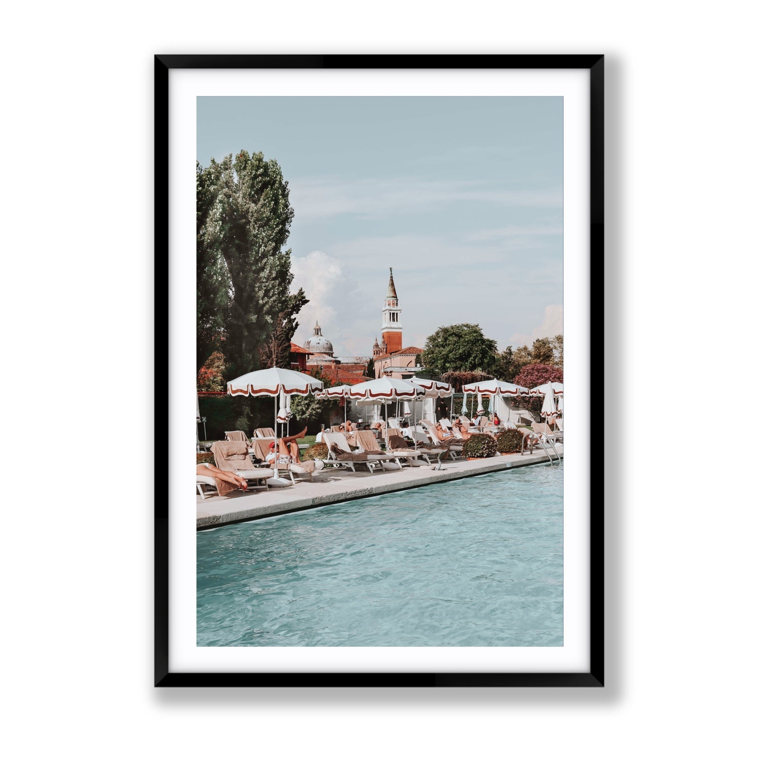 Poolside Perch Venice Italian wall art Gallery fine art print in black frame with matboard