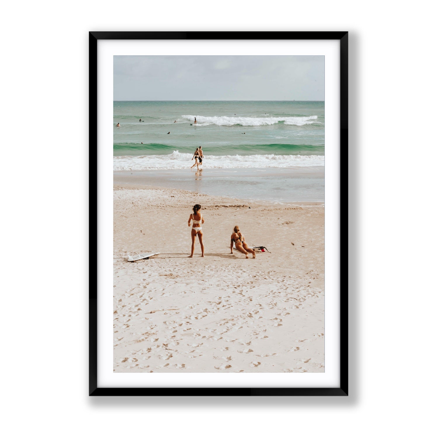 Gidget & Betty Byron Bay beach coastal wall art Gallery fine art print in black frame with matboard
