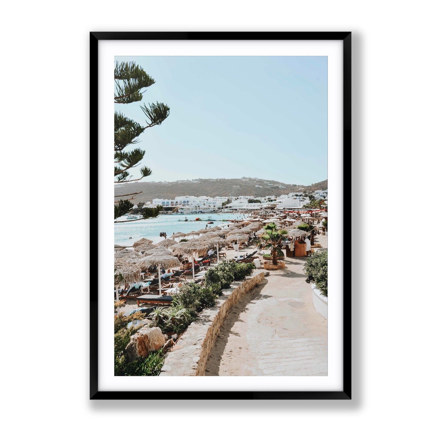 All Roads Lead To The Beach Mykonos Greek island wall art Gallery fine art print in black frame with matboard