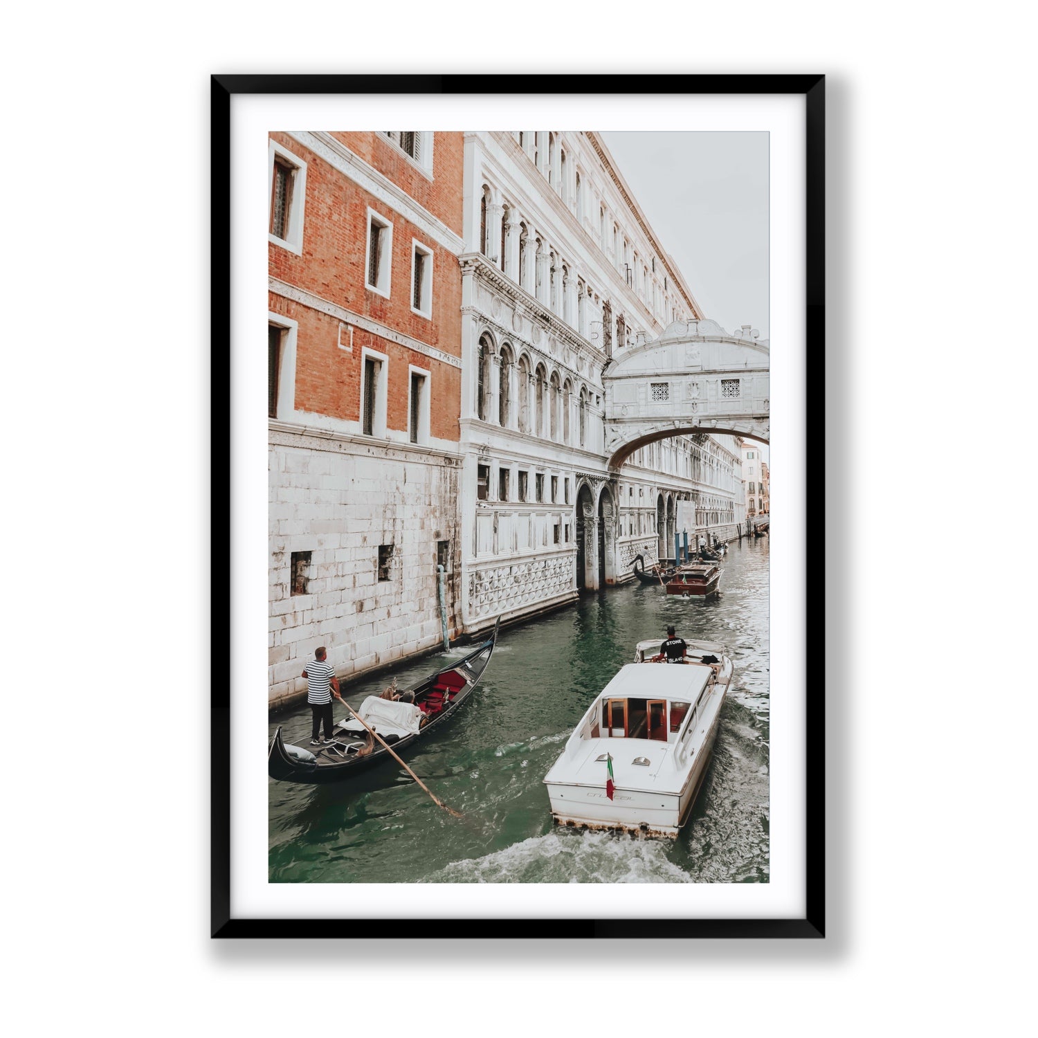 Under the Bridge Venice Gondola Italian wall art Gallery fine art print in black frame with matboard