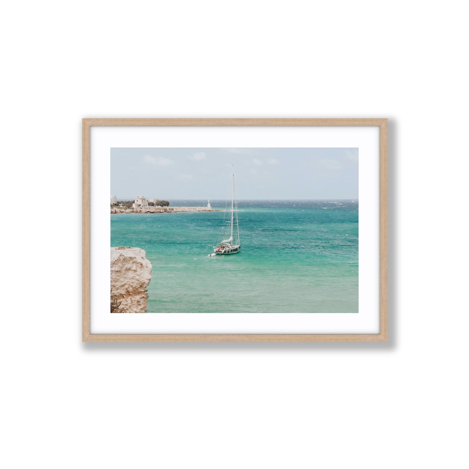 Adriatic Escape Puglia Italian coastal decor wall art Large fine art print in natural oak frame with matboard