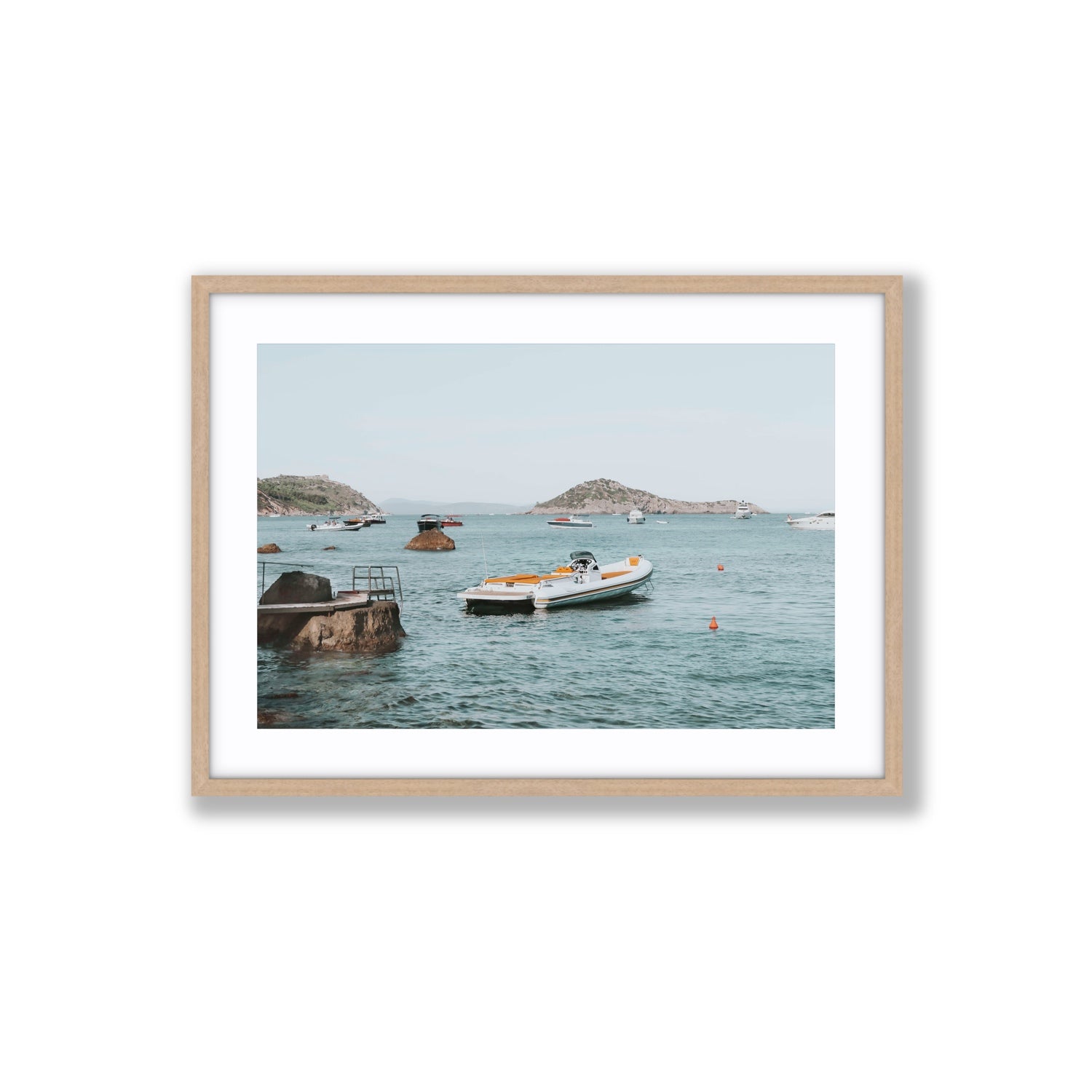 The Azure Sea Tuscany coastal Italian wall art Large fine art print in natural oak frame with matboard