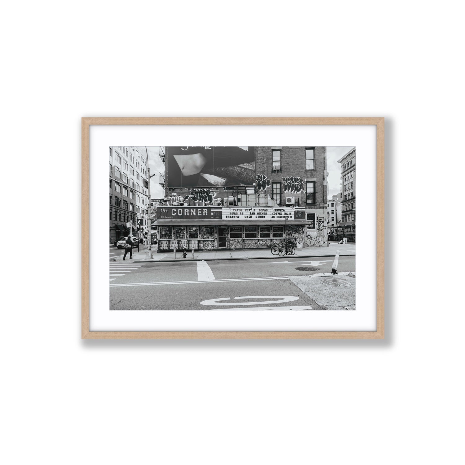 Kenmare Street New York NYC Black & White wall art Large fine art print in natural oak frame with matboard