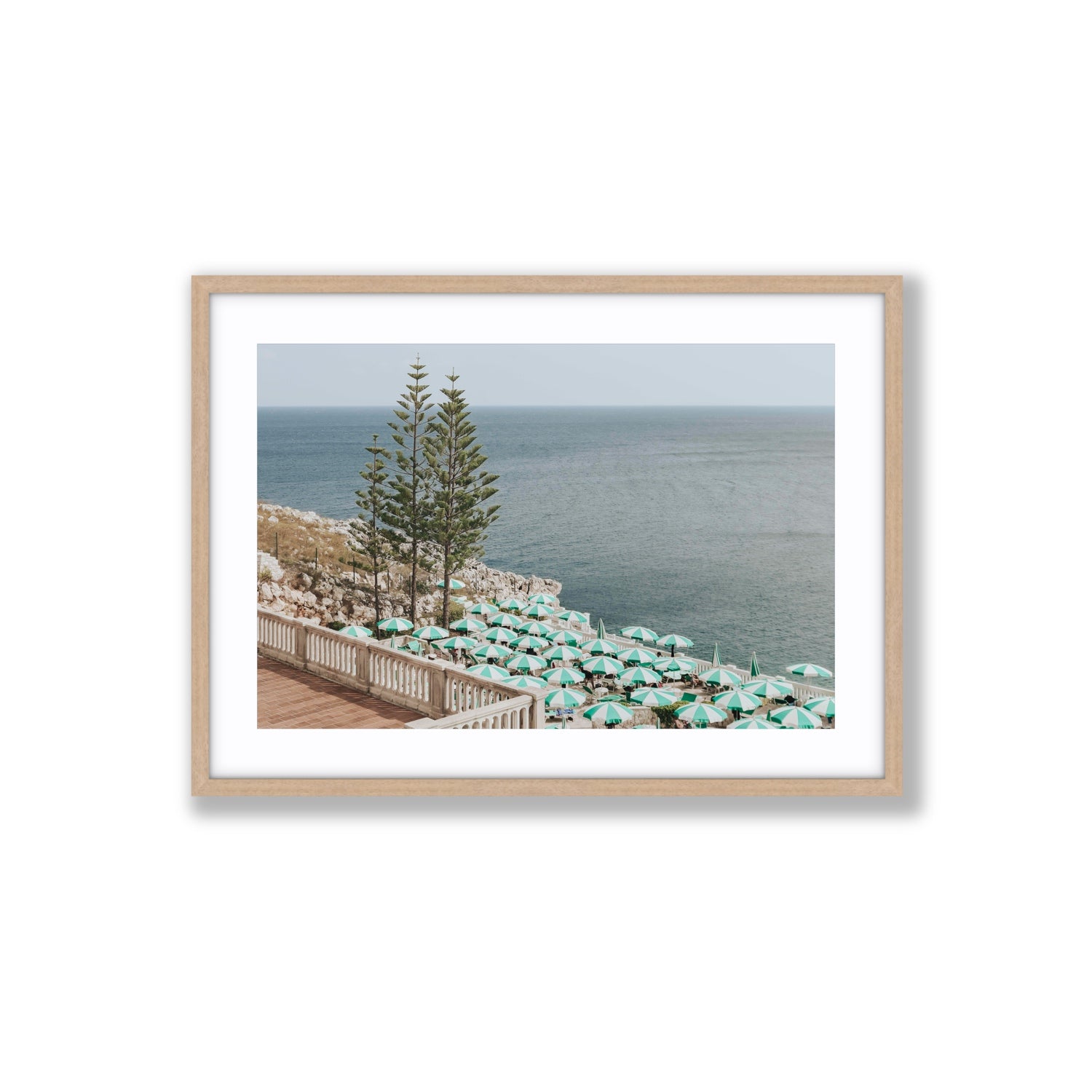 Azure Horizon Puglia beach coastal wall art Large fine art print in natural oak frame with matboard