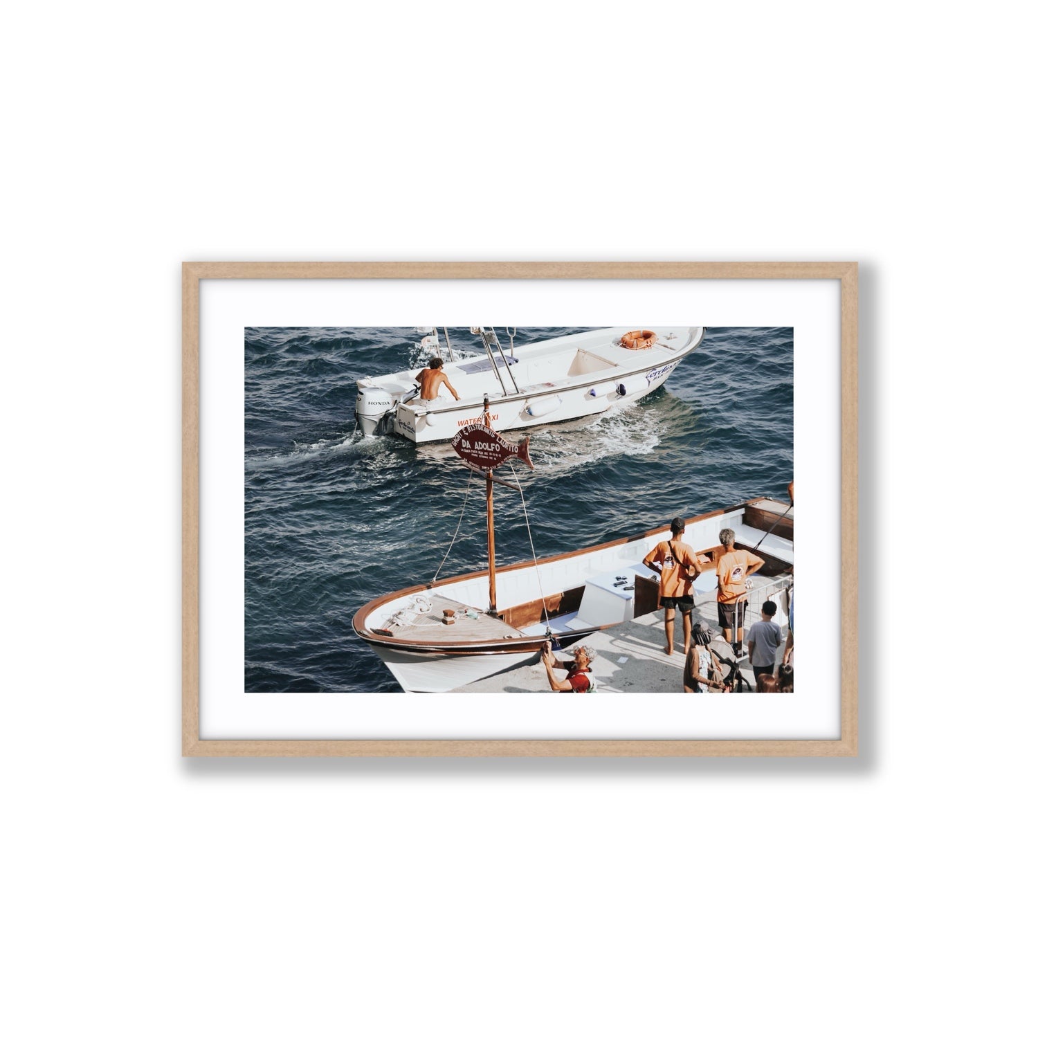Water Taxi Positano wall art Large fine art print in natural oak frame with matboard