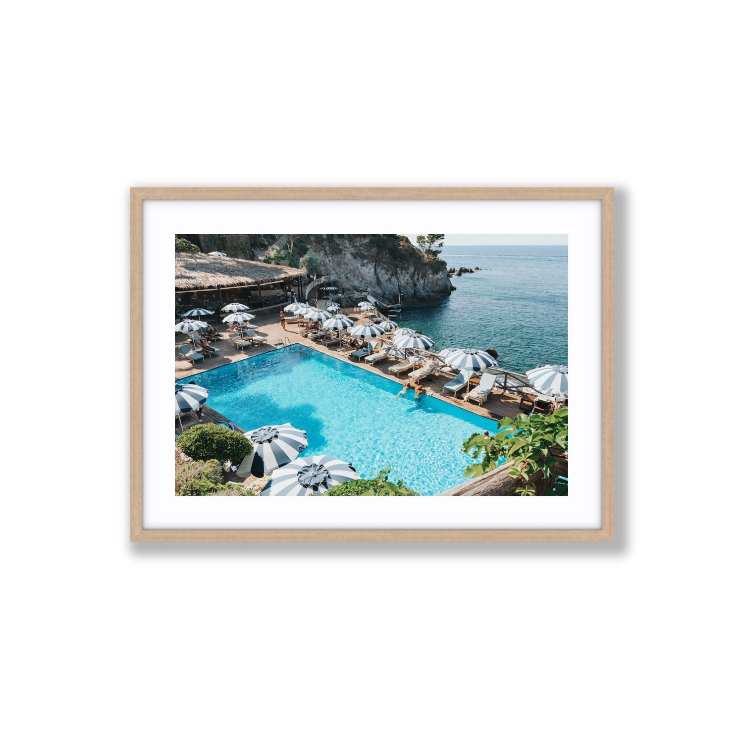 Oceanview Ischia Italian coastal wall art Large fine art print in natural oak frame with matboard