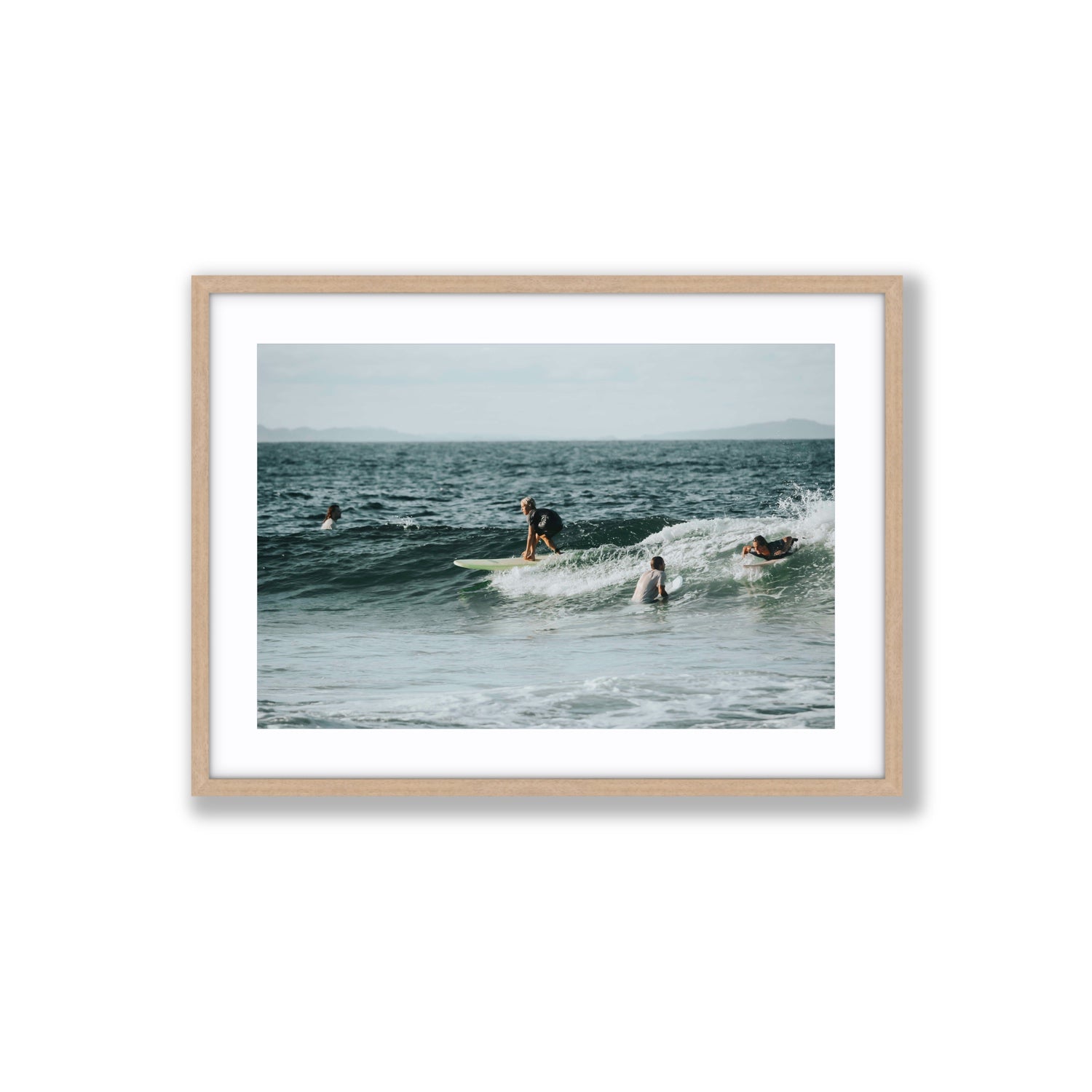 The Boys of Summer Byron Bay Surf coastal wall art Large fine art print in natural oak frame with matboard