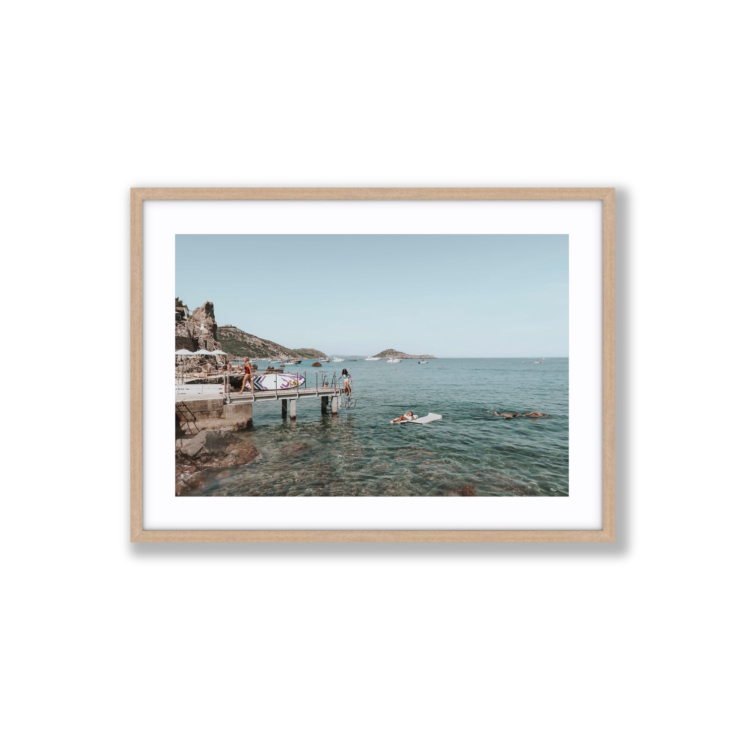 Retro Glamour Tuscany coastal Italian wall art Large fine art print in natural oak frame with matboard