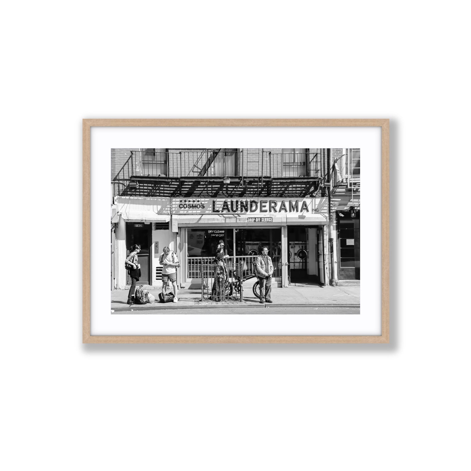 Launderama New York NYC Black & White wall art Large fine art print in natural oak frame with matboard
