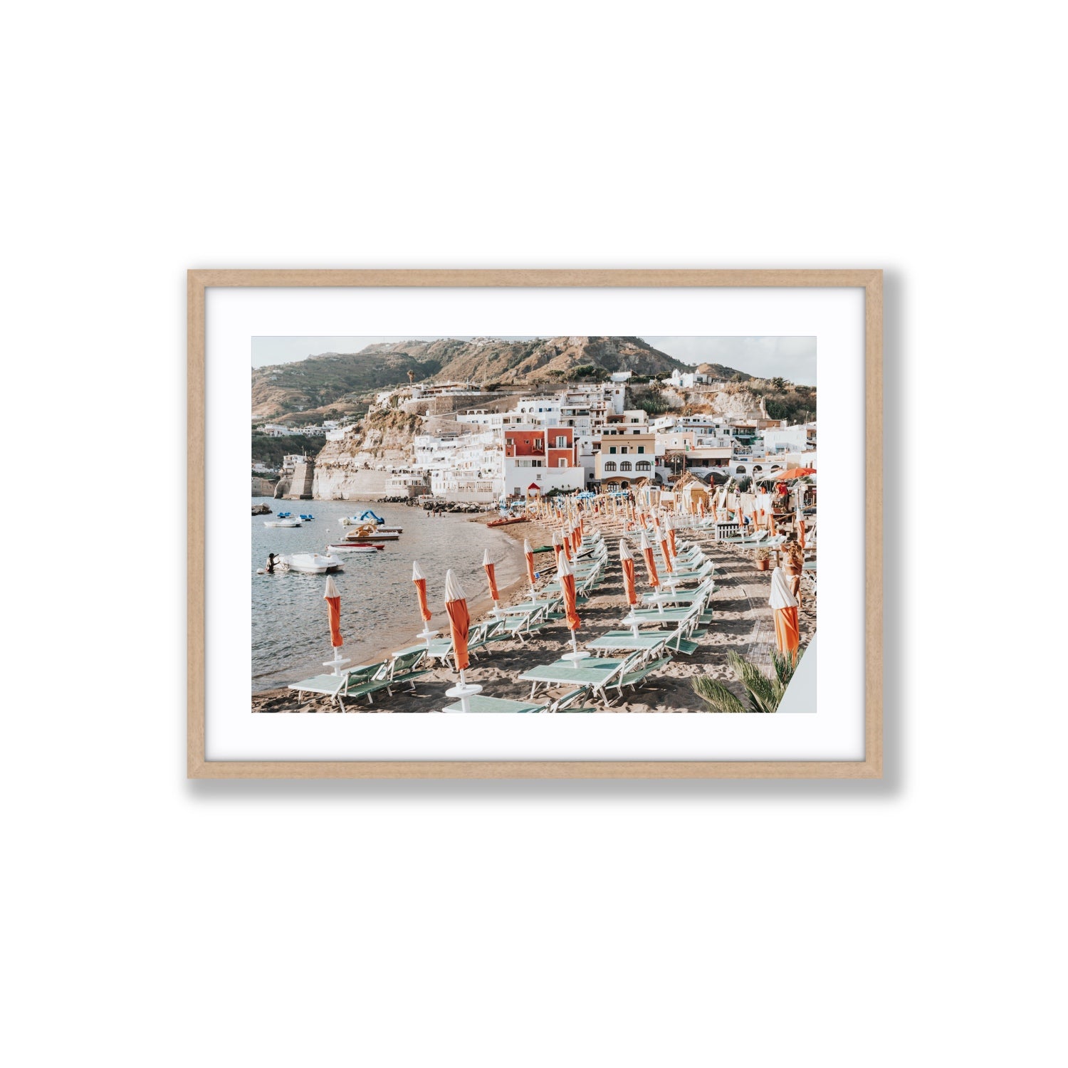 Sole Estivo Ischia Italian coastal wall art Large fine art print in natural oak frame with matboard