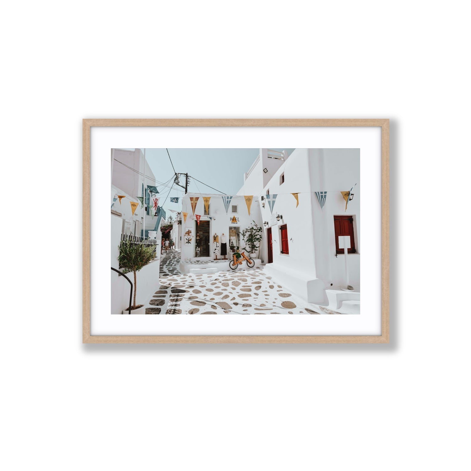 Cruising The Streets Mykonos Greek island wall art Large fine art print in natural oak frame with matboard