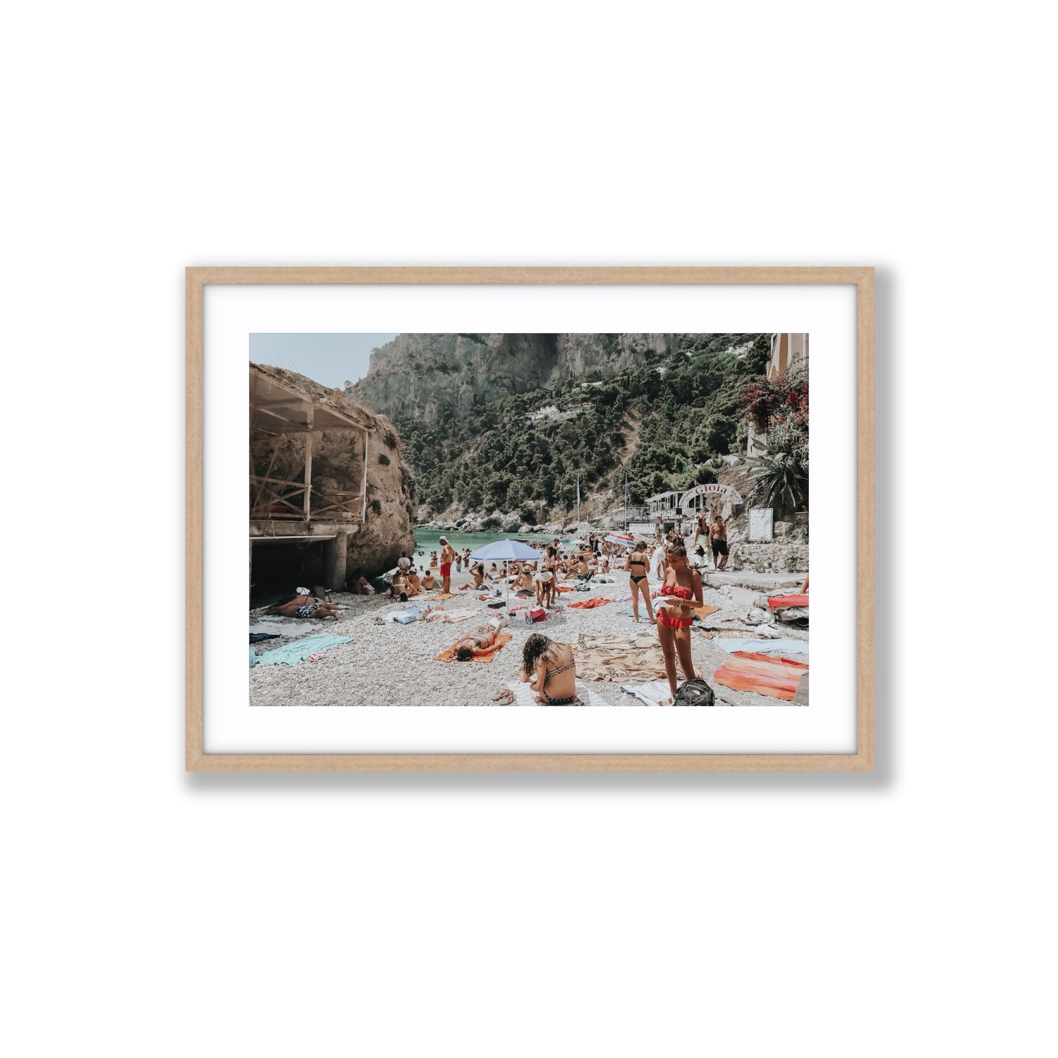 Spiaggia Da Gioia Capri beach coastal wall art Large fine art print in natural oak frame with matboard