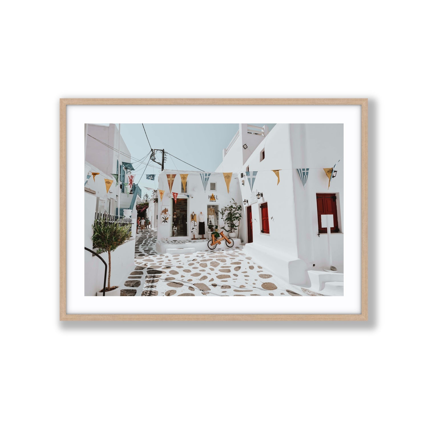 Cruising The Streets Mykonos Greek island wall art Extra Large fine art print in natural oak frame with matboard