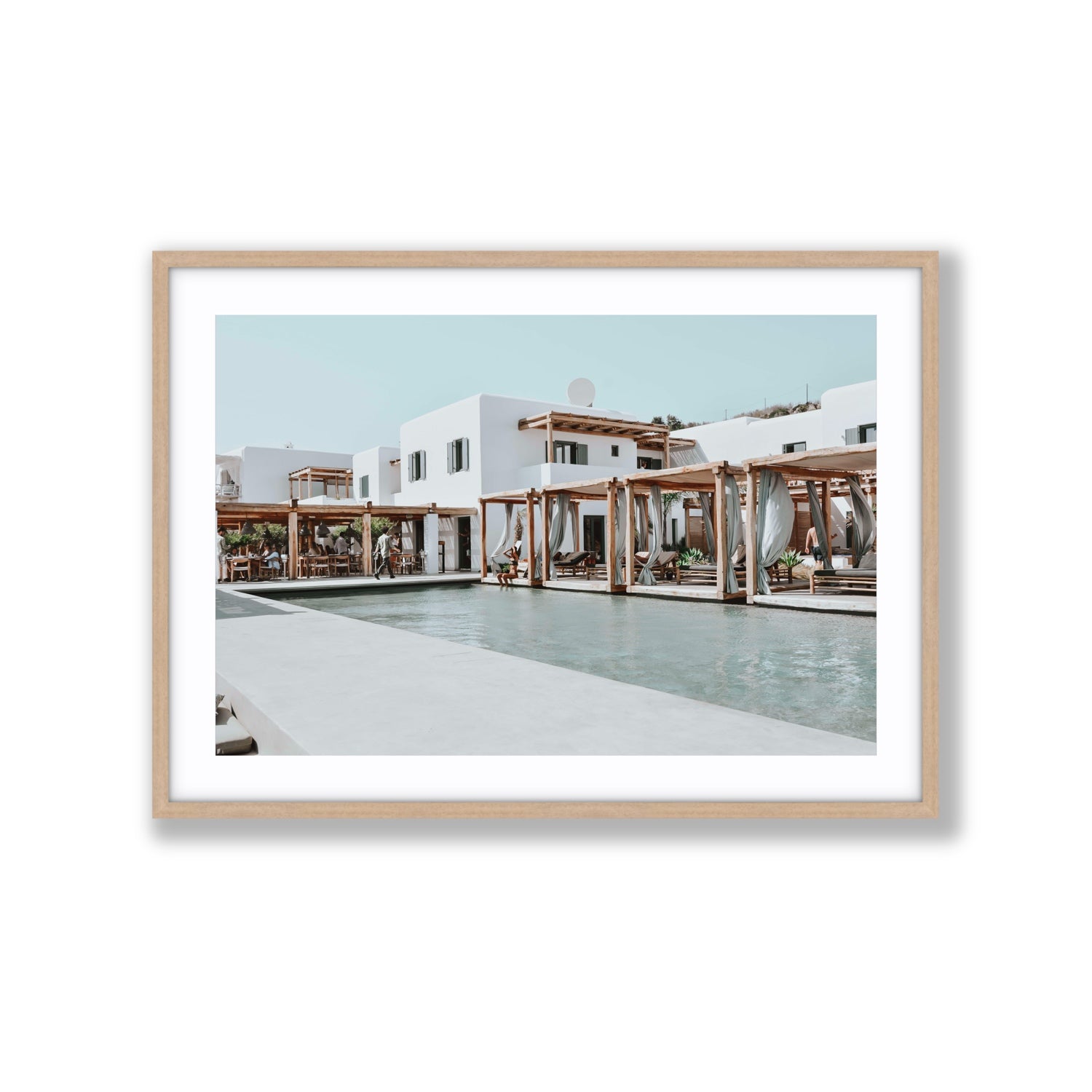 Polytelís Mykonos Greek island wall art Extra Large fine art print in natural oak frame with matboard