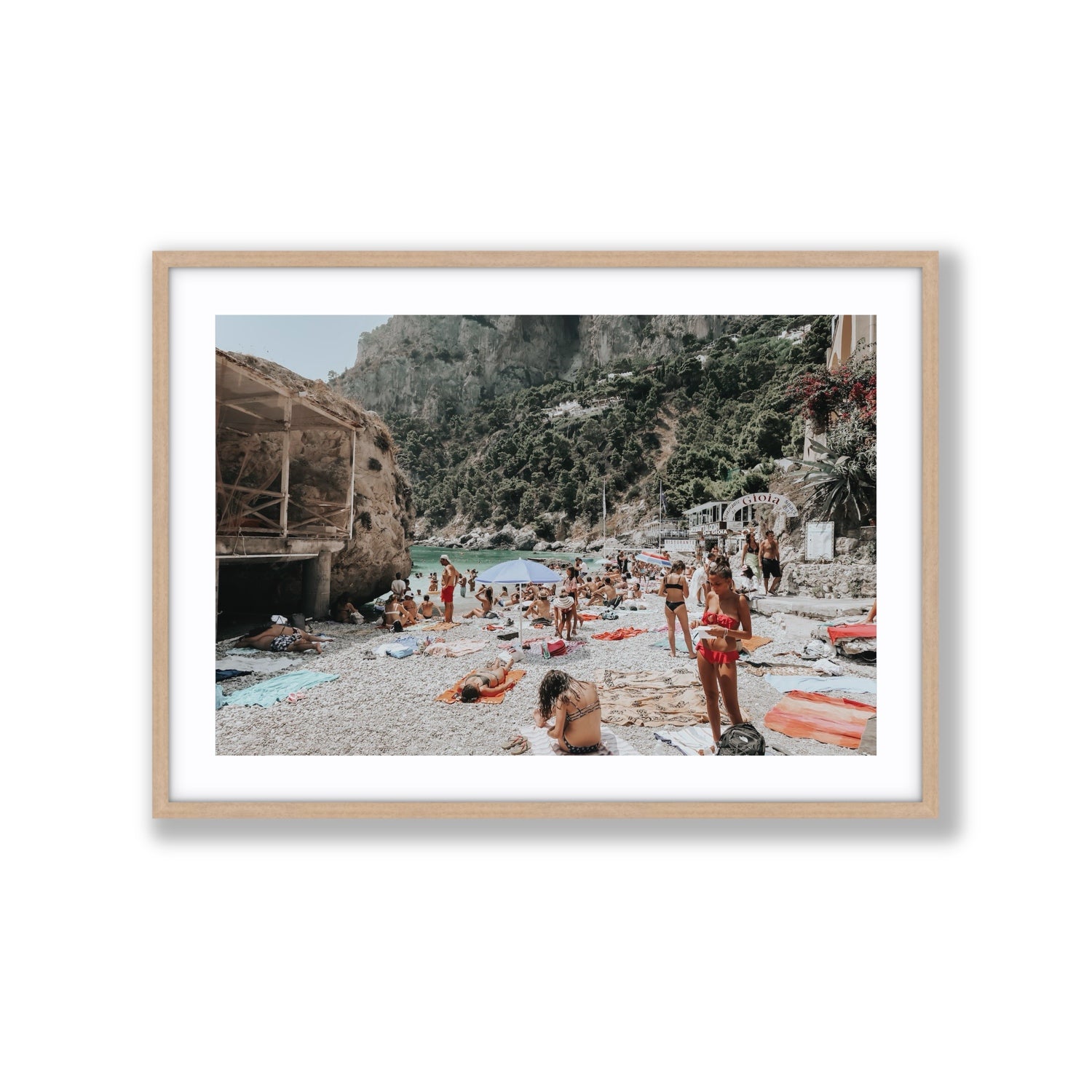 Spiaggia Da Gioia Capri beach coastal wall art Extra Large fine art print in natural oak frame with matboard