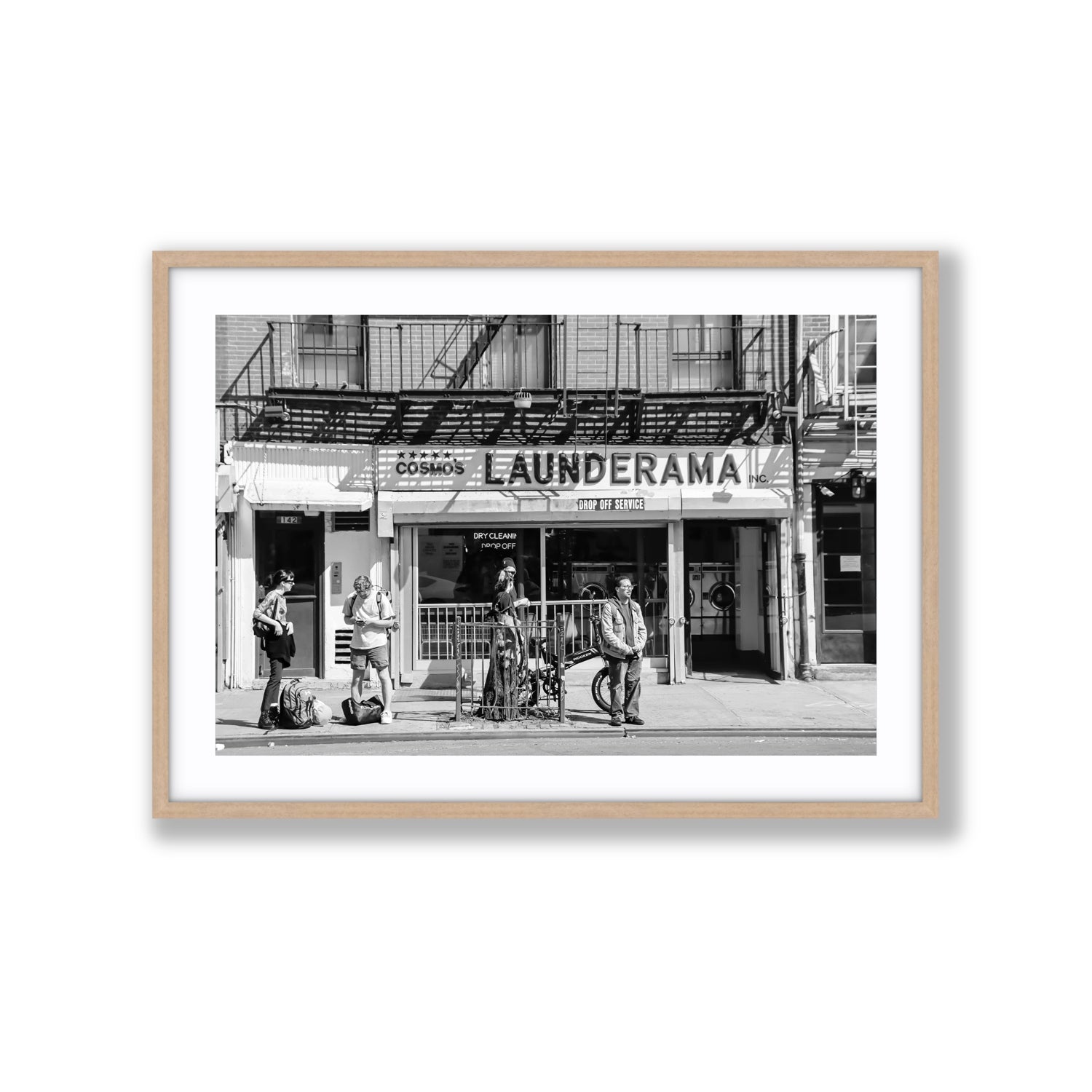 Launderama New York NYC Black & White wall art Extra Large fine art print in natural oak frame with matboard