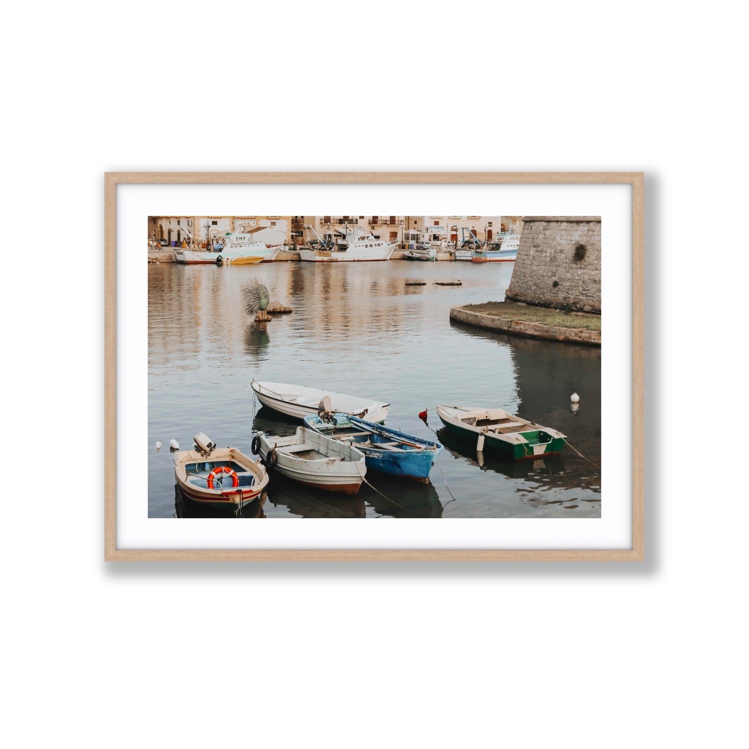 Cinque Barche Puglia Gallipoli Italian art print Extra Large fine art print in natural oak frame with matboard