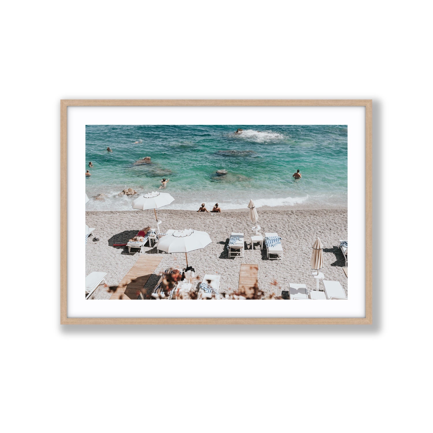 Amicizia Amalfi Italian beach wall art Extra Large fine art print in natural oak frame with matboard