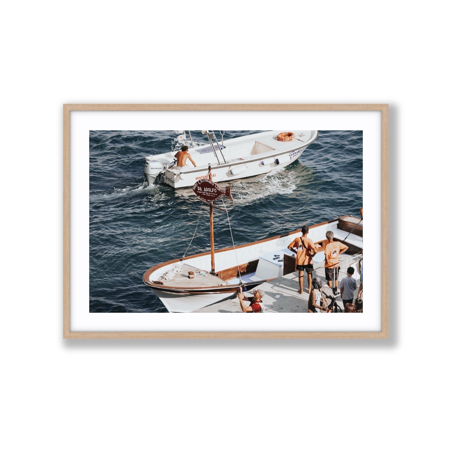Water Taxi Positano wall art Extra Large fine art print in natural oak frame with matboard