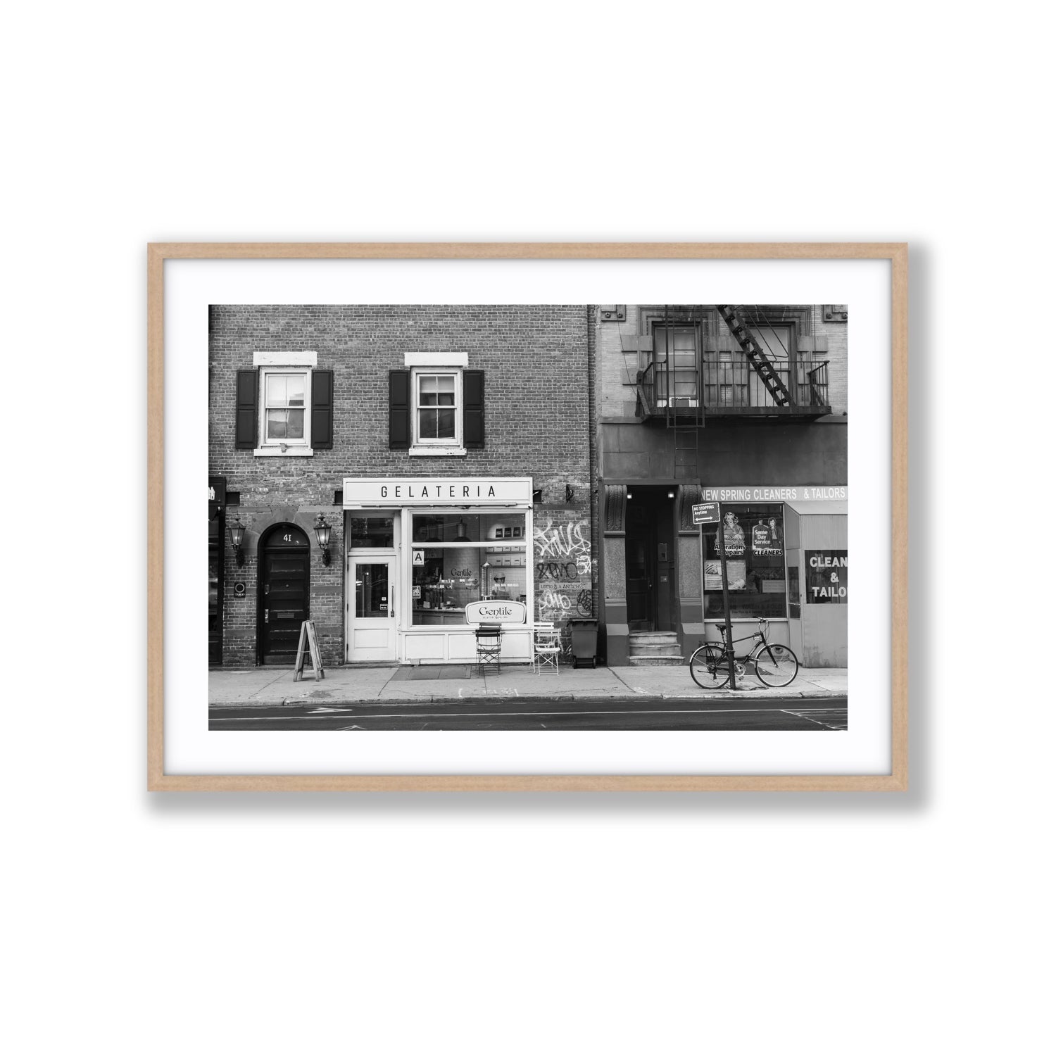 West Village Dolcezza New York NYC Black & White wall art Extra Large fine art print in natural oak frame with matboard