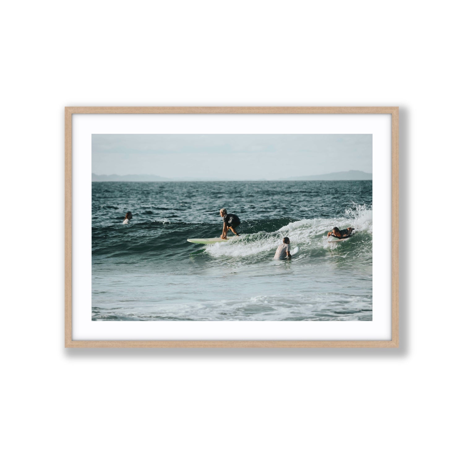 The Boys of Summer Byron Bay Surf coastal wall art Extra Large fine art print in natural oak frame with matboard