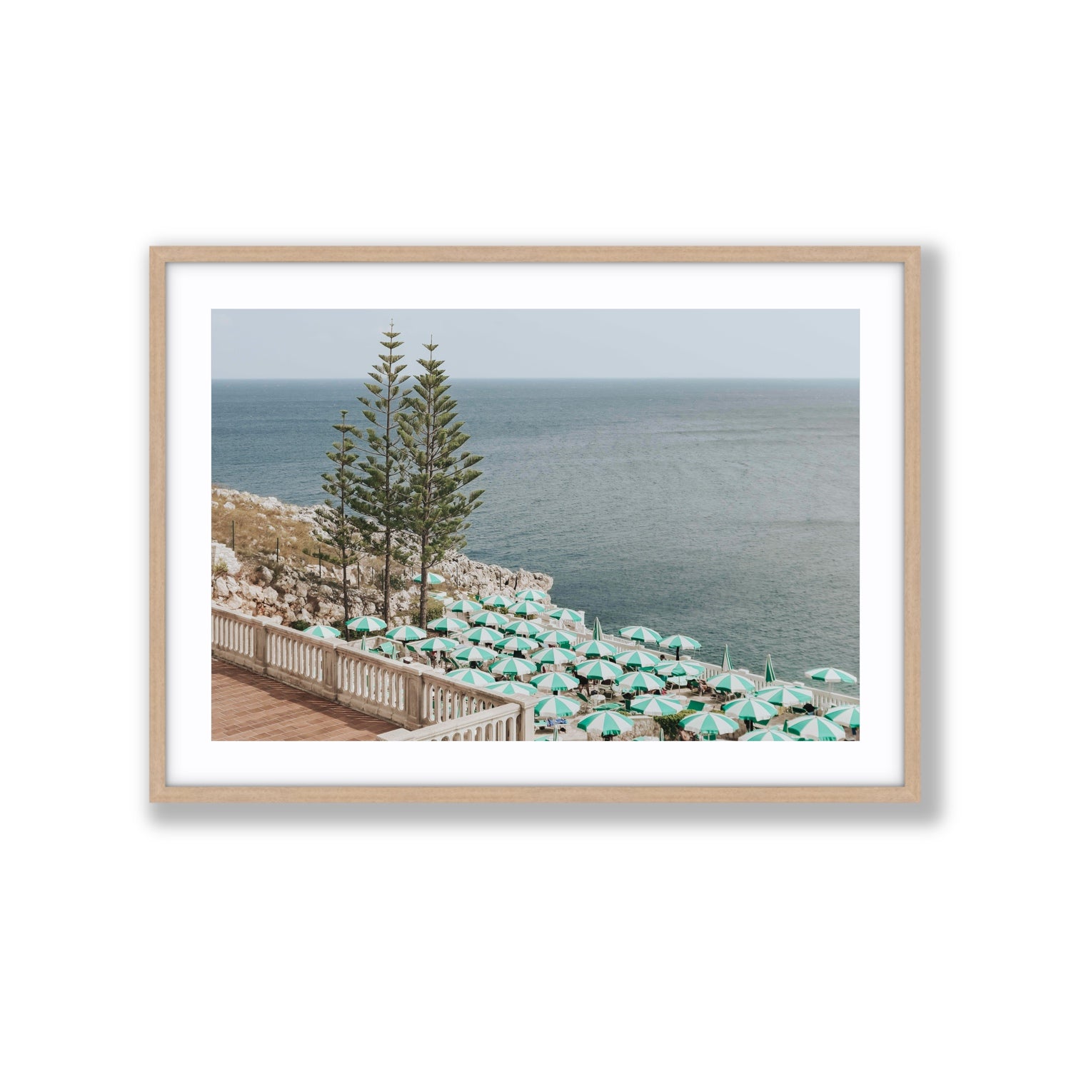 Azure Horizon Puglia beach coastal wall art Extra Large fine art print in natural oak frame with matboard