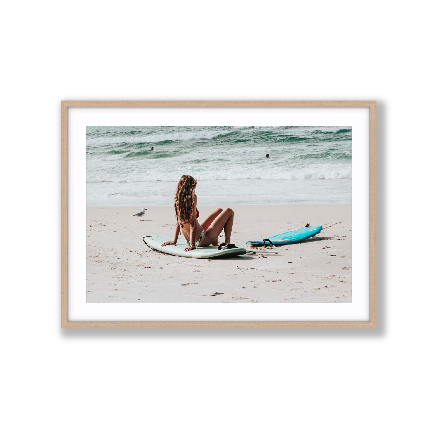 Ciao Bella Byron Bay Surf coastal wall art Extra Large fine art print in natural oak frame with matboard