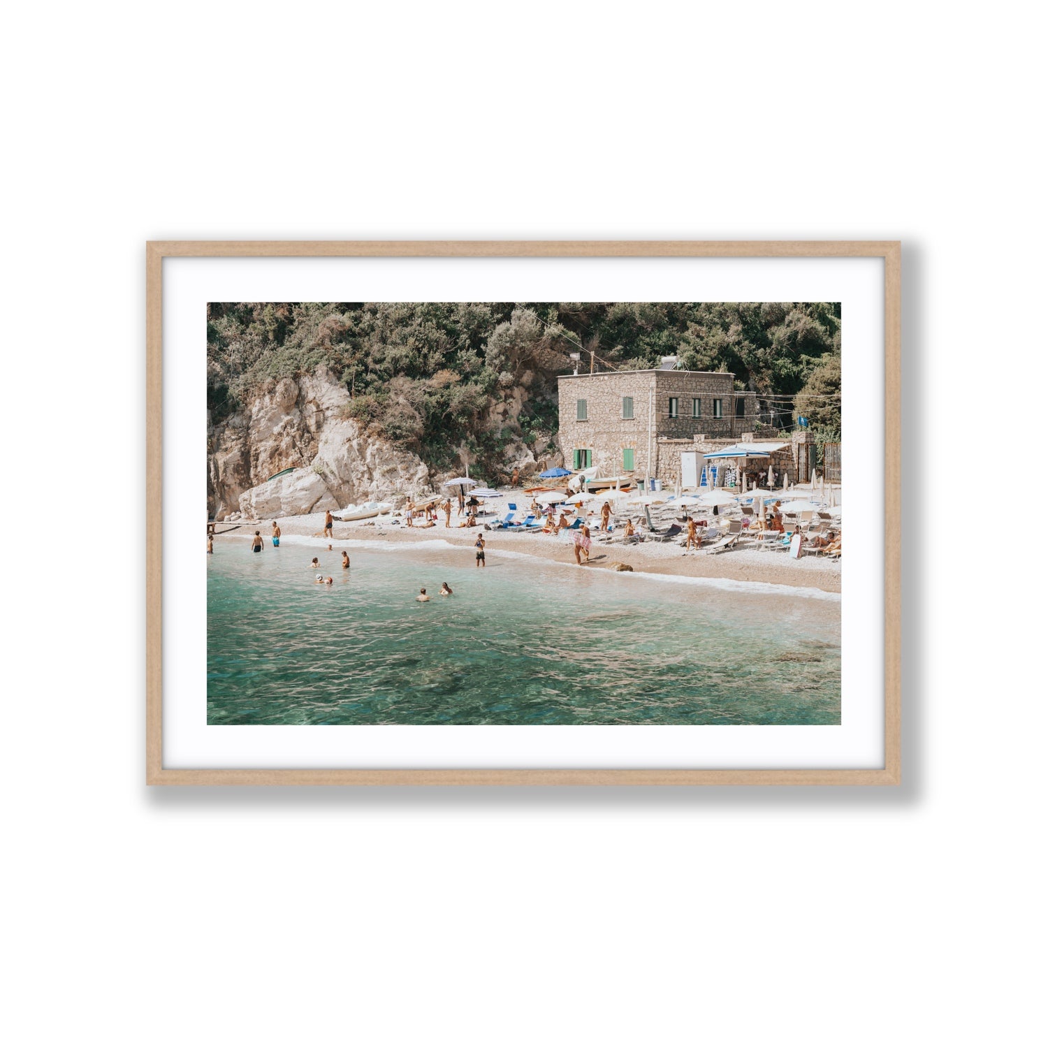 Secluded Sanctuary Nerano Italian Mediterranean decor wall art Extra Large fine art print in natural oak frame with matboard