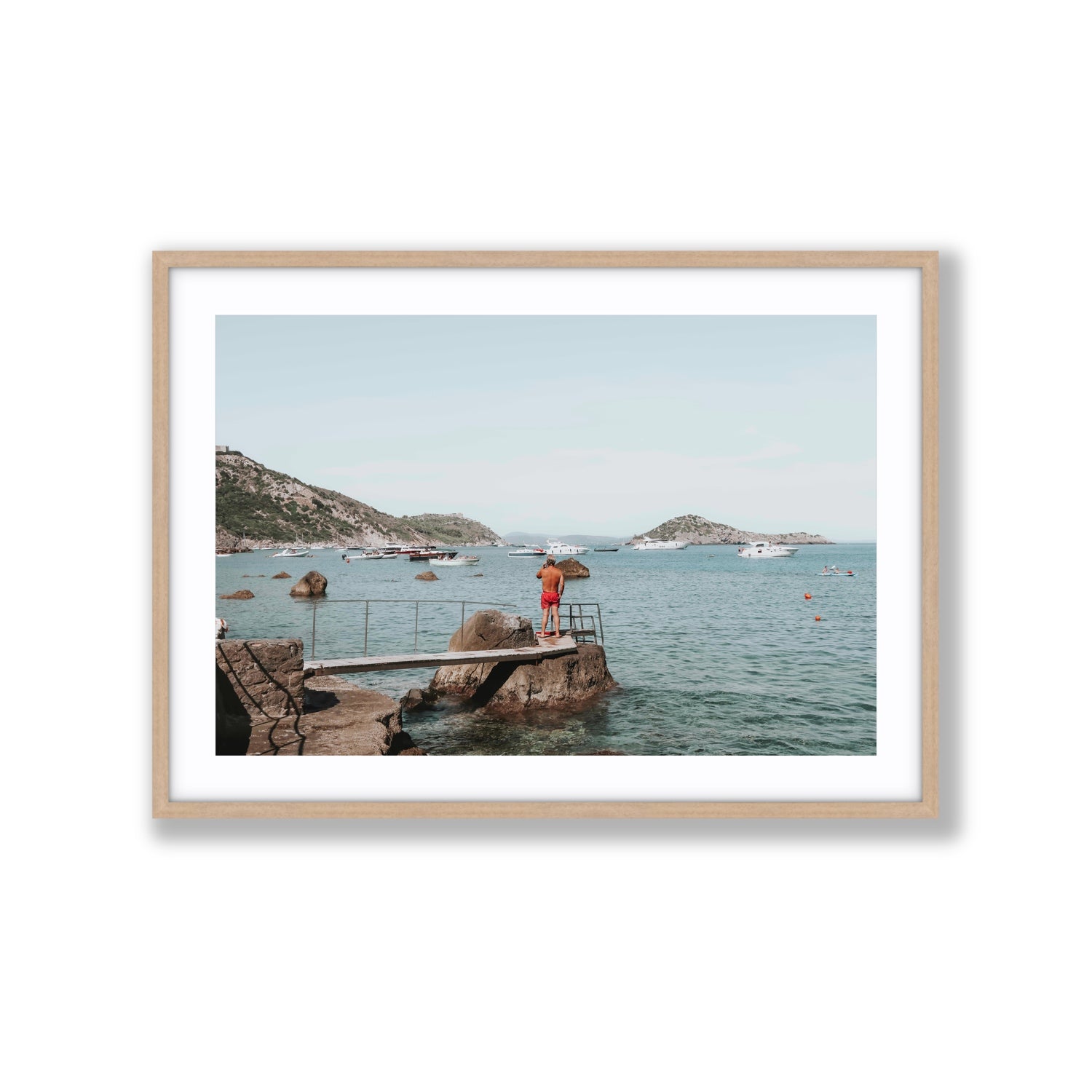 Out Of Office Tuscany coastal Italian wall art Extra Large fine art print in natural oak frame with matboard