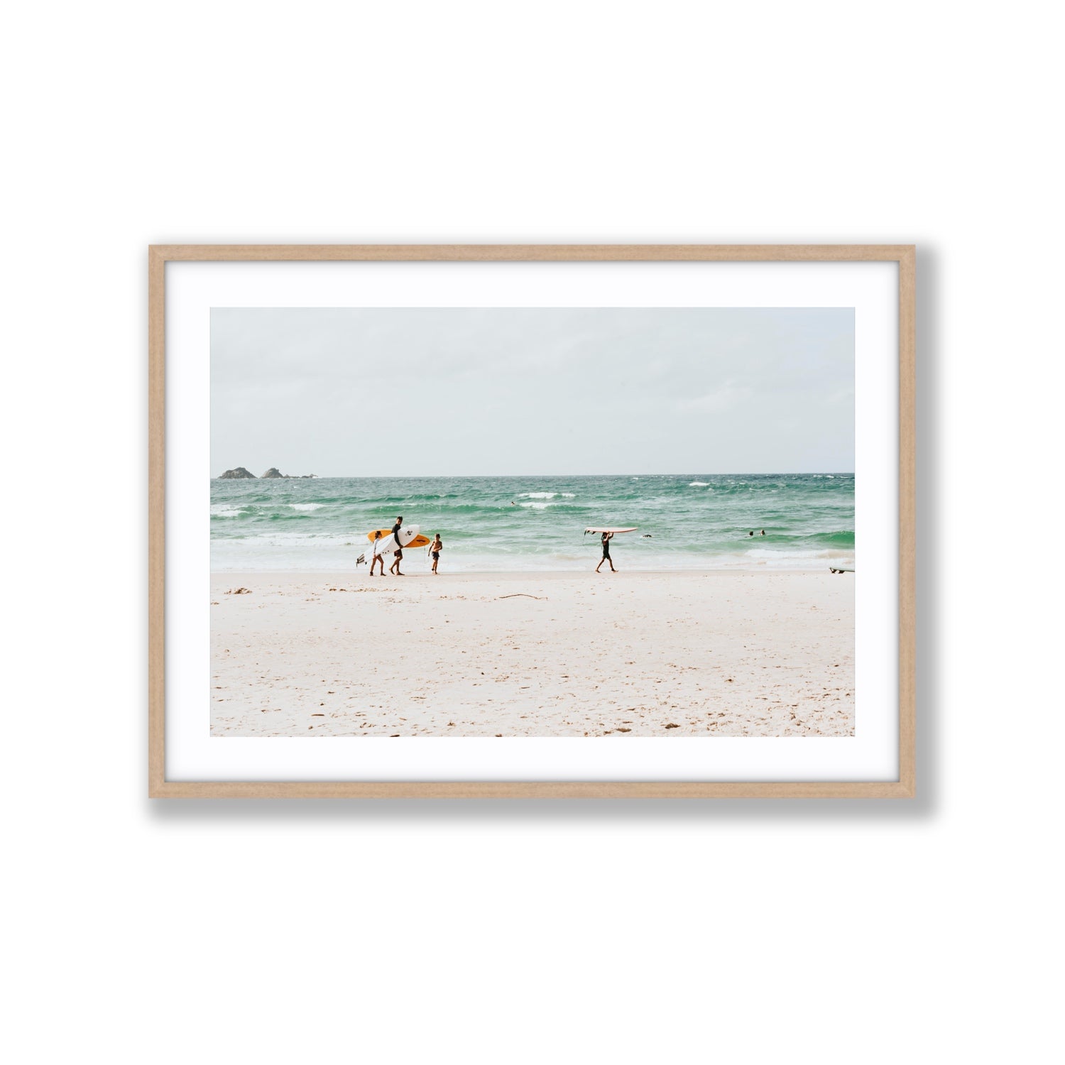 La Famiglia Byron Bay Family Surf coastal wall art Extra Large fine art print in natural oak frame with matboard