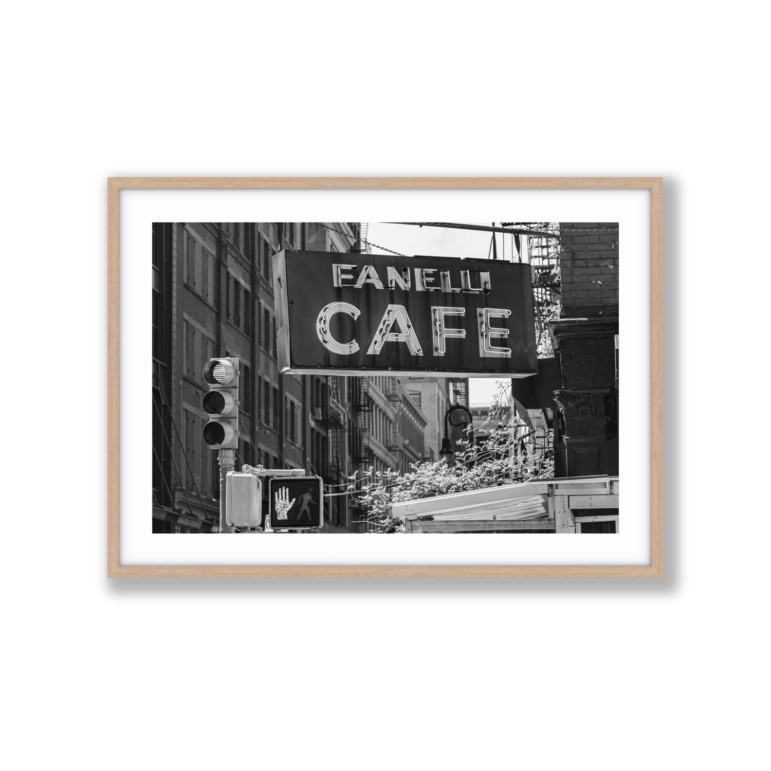 Soho Neon New York NYC Black & White wall art Extra Large fine art print in natural oak frame with matboard