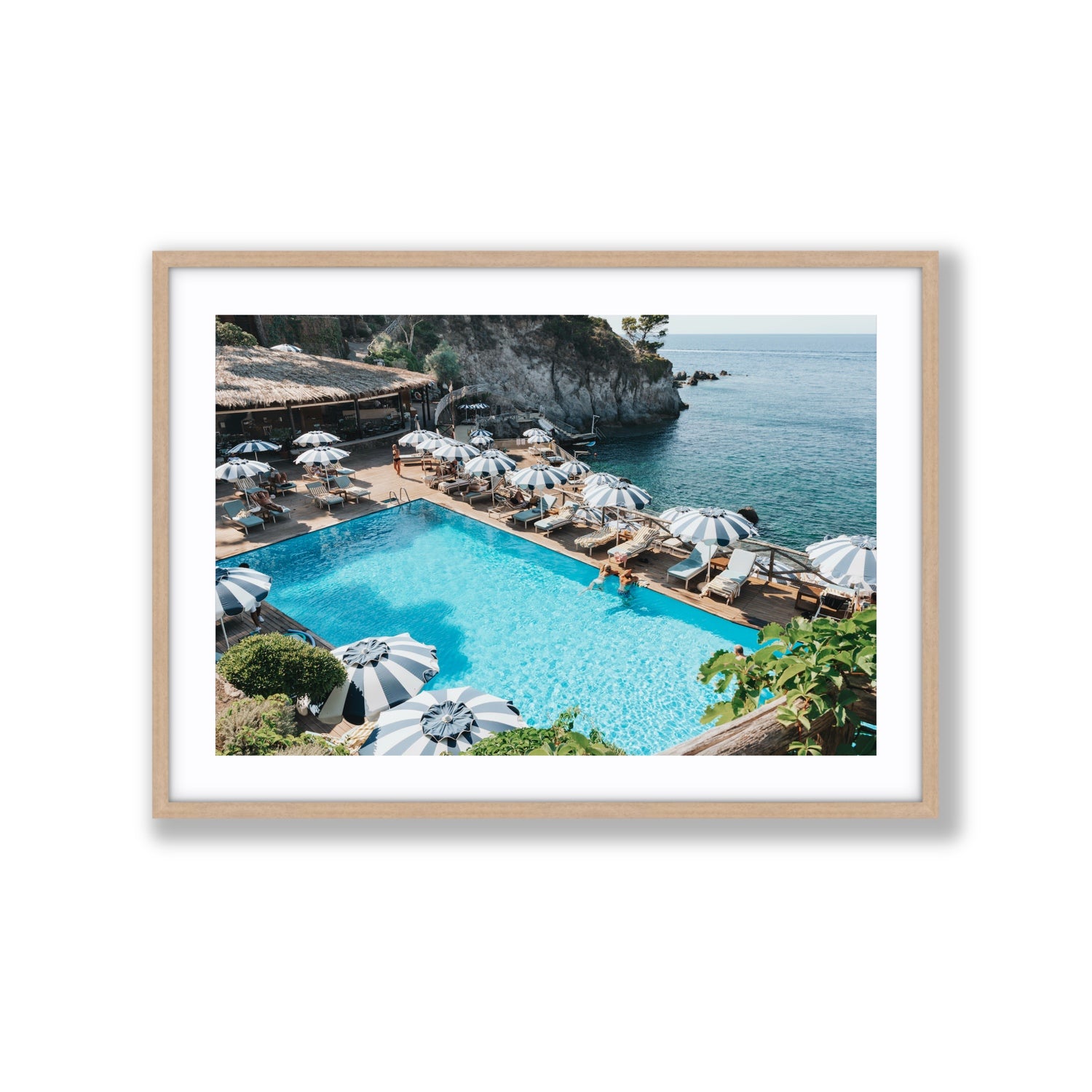 Oceanview Ischia Italian coastal wall art Extra Large fine art print in natural oak frame with matboard