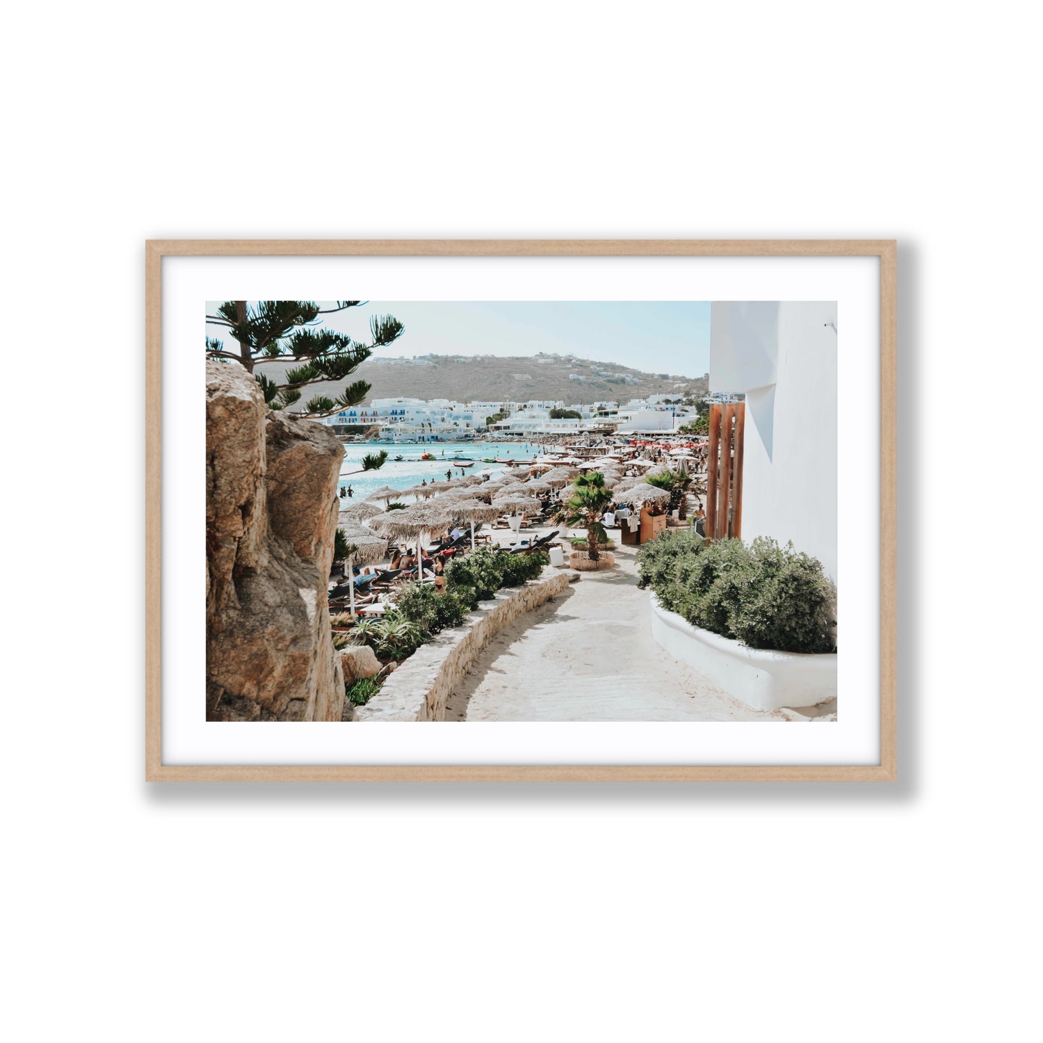 Kalimera Mykonos Greek island wall art Extra Large fine art print in natural oak frame with matboard
