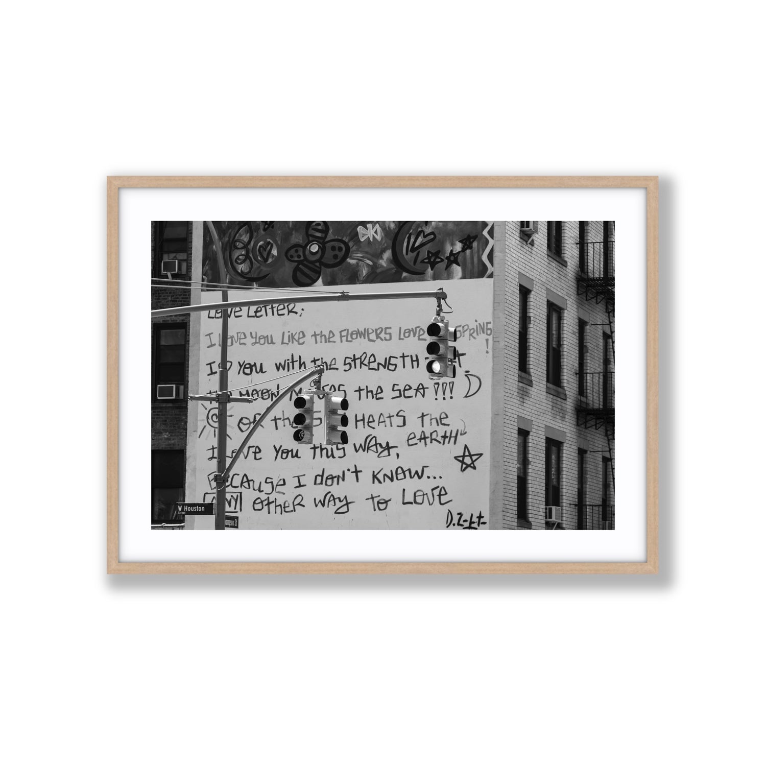 Love Letter New York NYC Black & White wall art Extra Large fine art print in natural oak frame with matboard