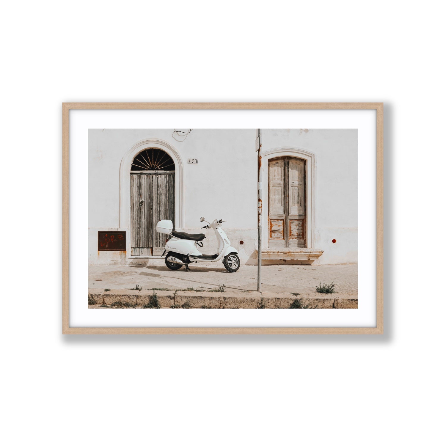 Vespa Nostalgia Puglia Italian wall art Extra Large fine art print in natural oak frame with matboard