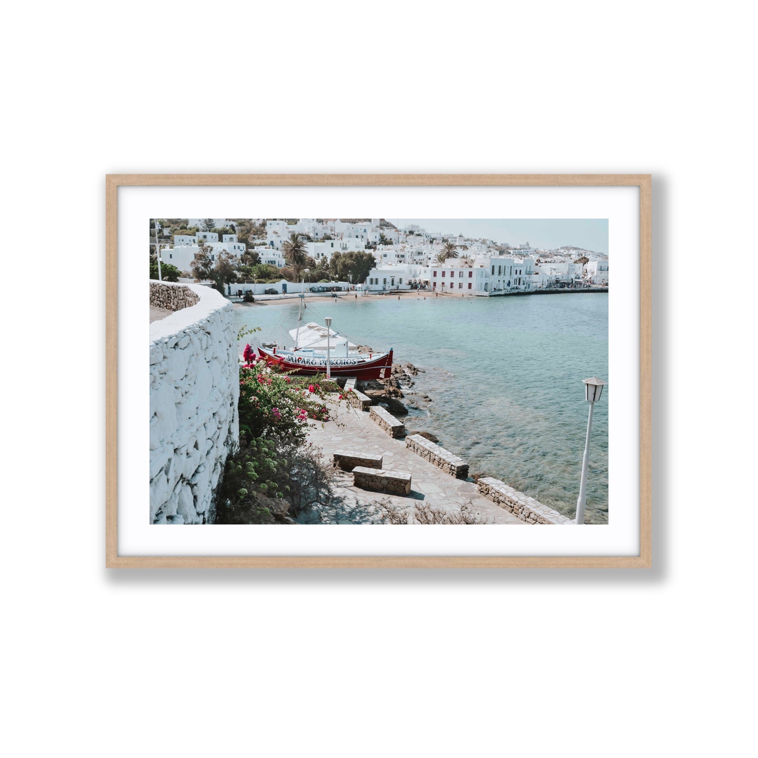 Harika Mykonos Greek island wall art Extra Large fine art print in natural oak frame with matboard