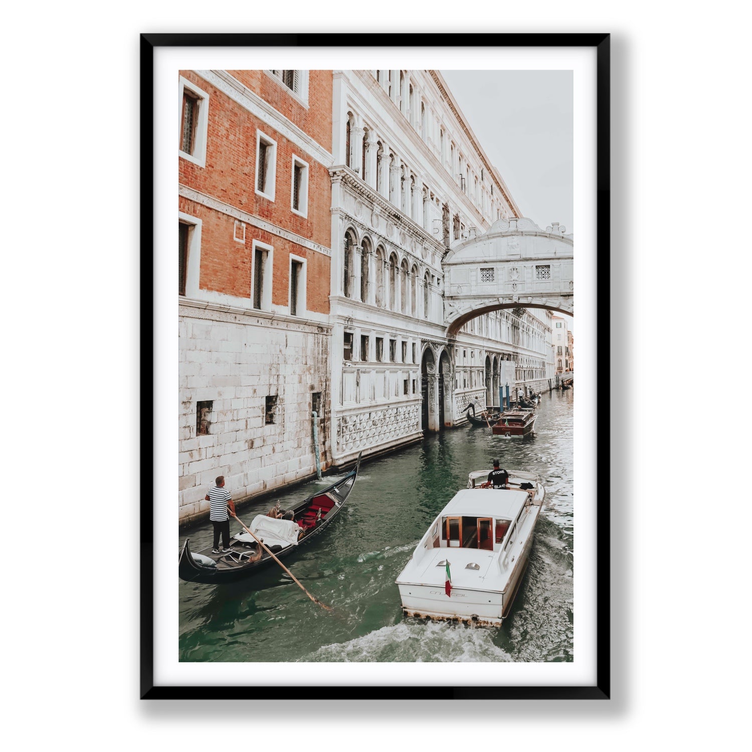 Under the Bridge Venice Gondola Italian wall art Statement fine art print in black frame with matboard