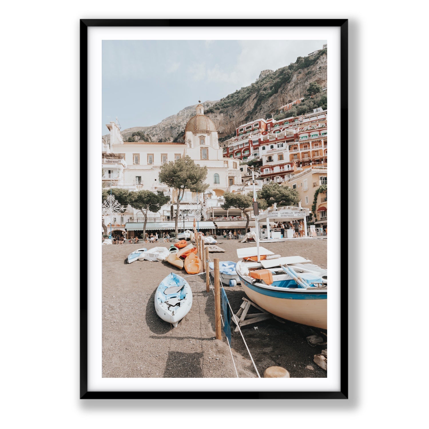 Seaside Hues Positano wall art Statement fine art print in black frame with matboard