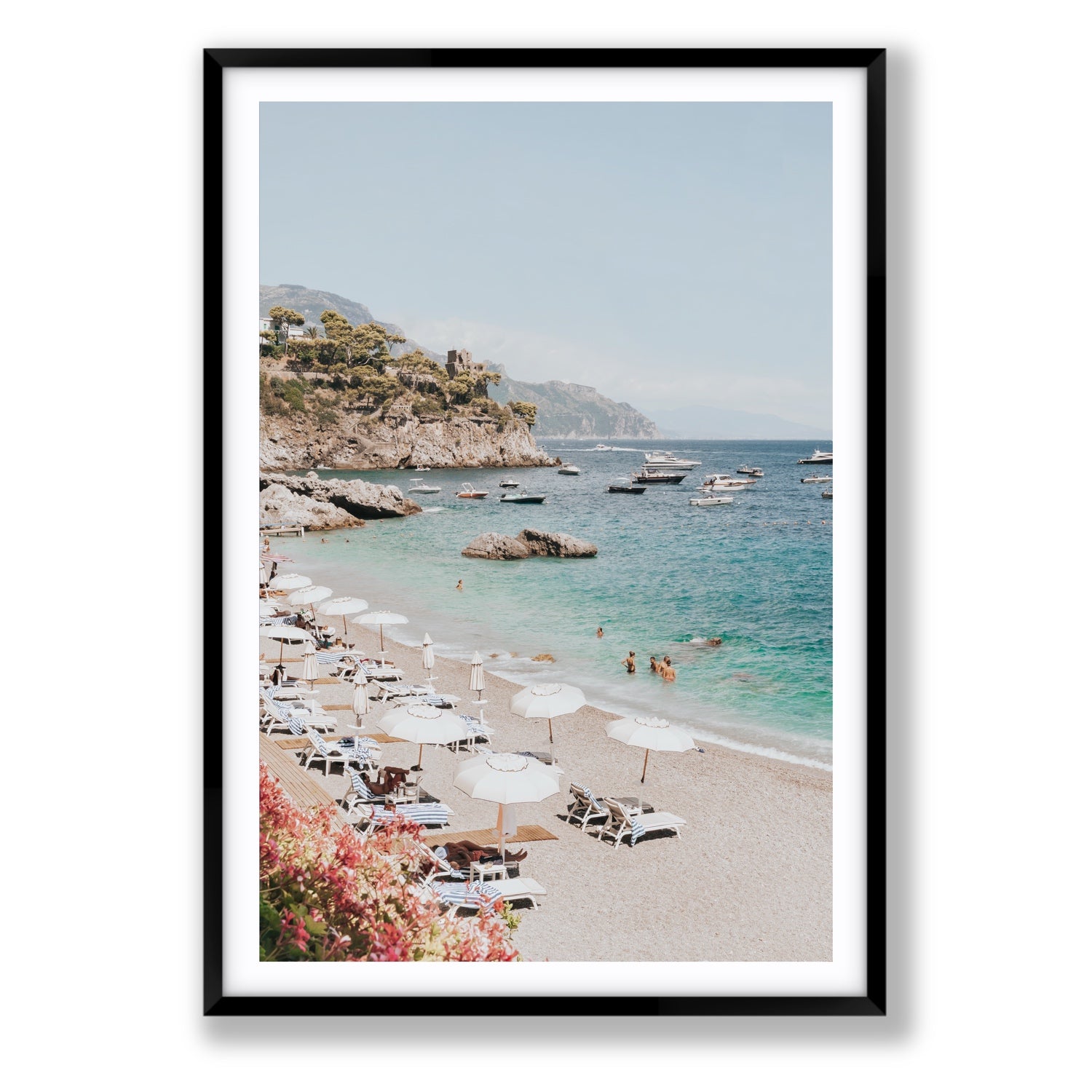 Seaview Refuge Amalfi coastal wall art statement fine art print in black frame with matboard