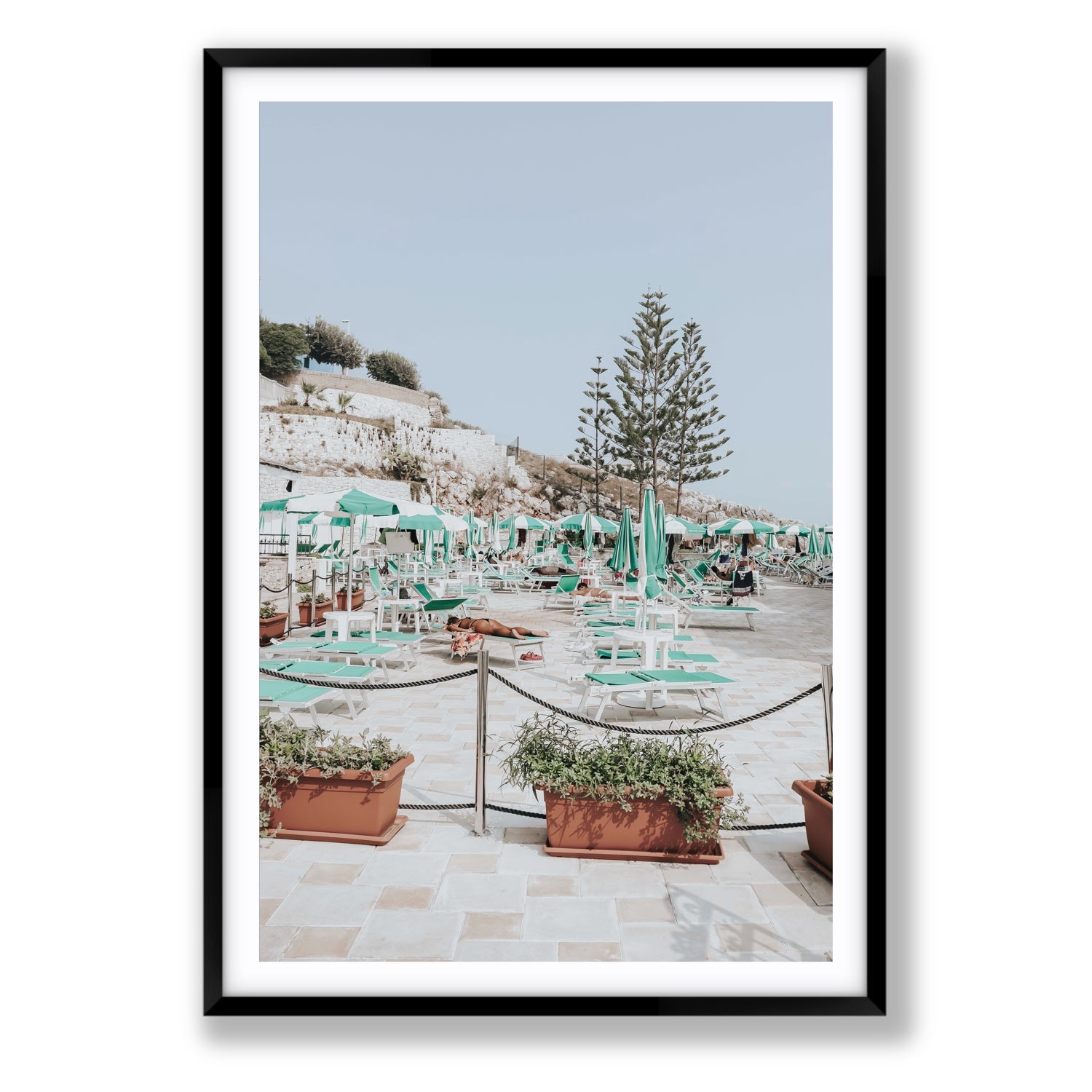 Siesta on The Terrace Puglia coastal wall art Statement fine art print in black frame with matboard