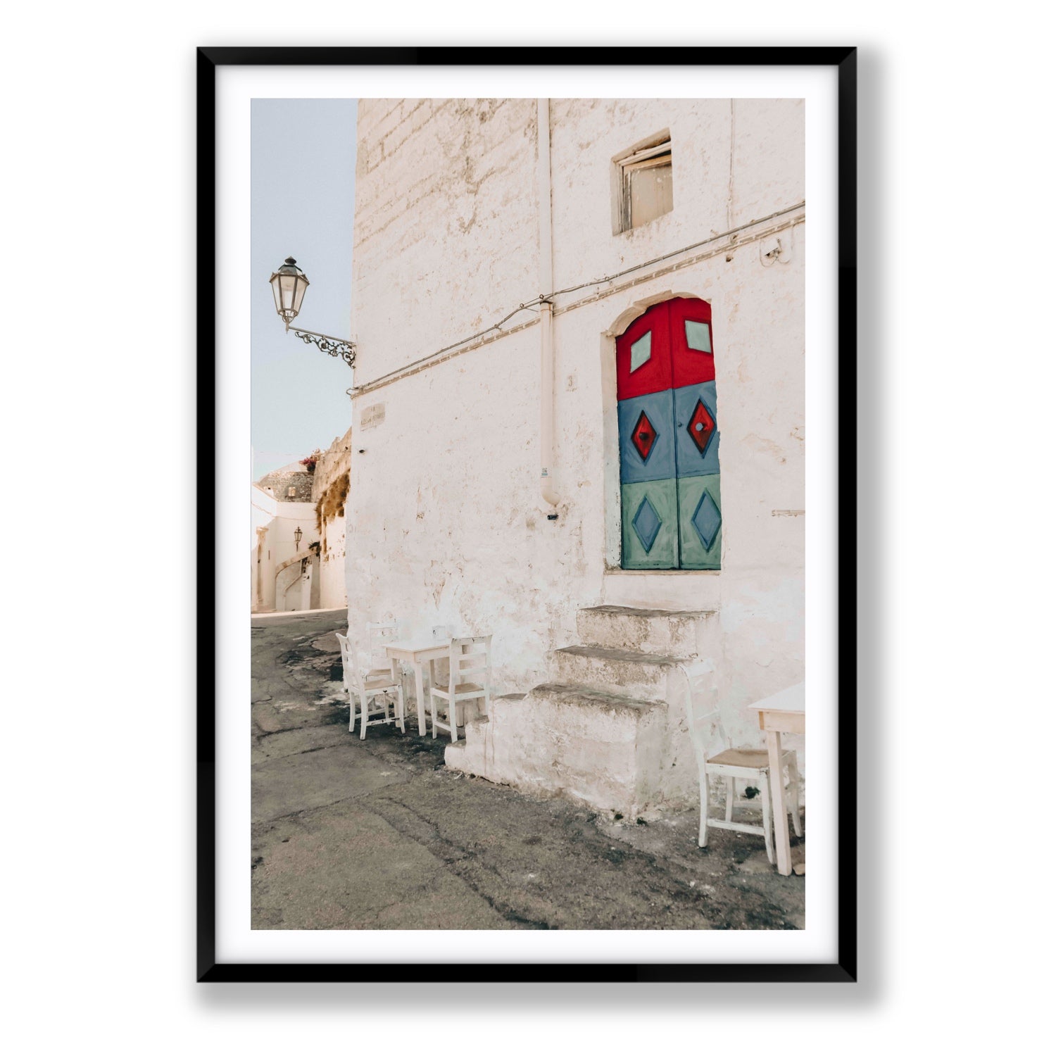 Doorway Delight Puglia Ostuni wall art Statement fine art print in black frame with matboard