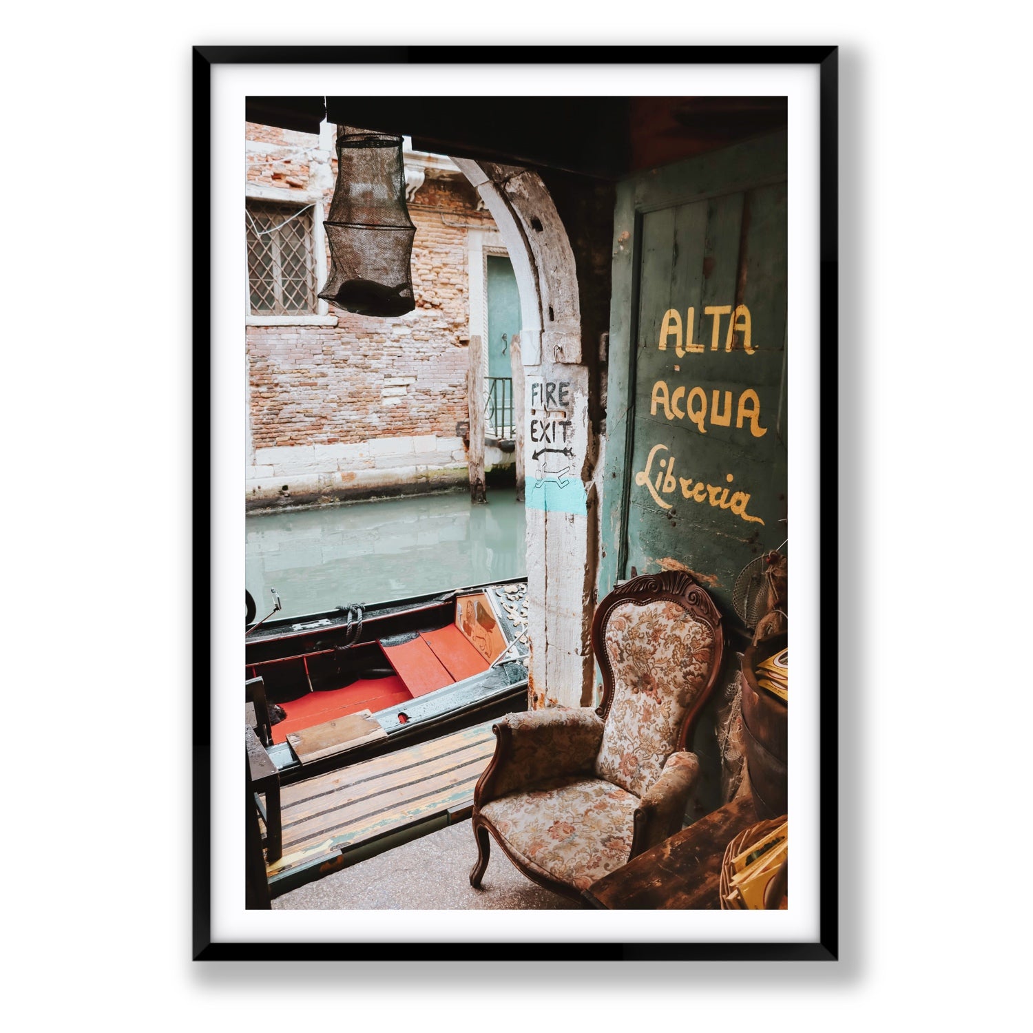 Alta Acqua Venice Bookstore wall art Statement fine art print in black frame with matboard
