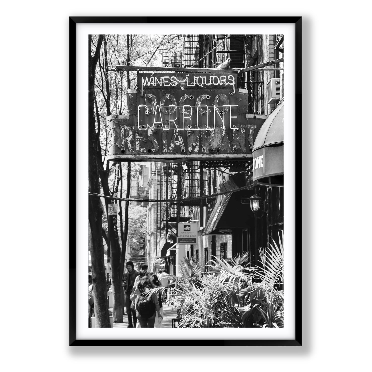Paparazzi To Pasta New York NYC Black & White wall art Statement fine art print in black frame with matboard