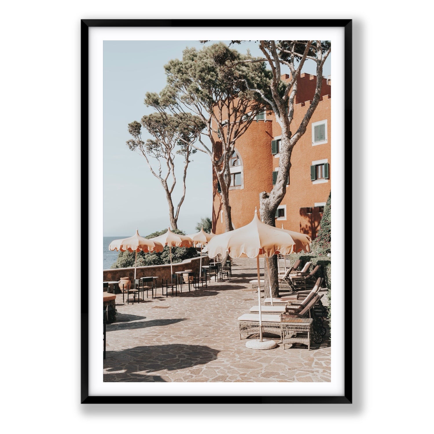 Mezzatorre Ischia Italian Mediterranean decor wall art Statement fine art print in black frame with matboard
