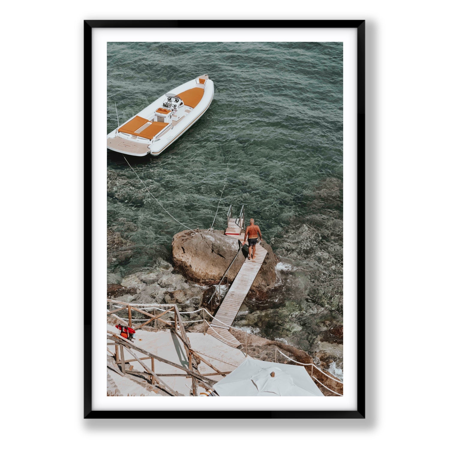 Secret Cove Tuscany coastal Italian wall art Statement fine art print in black frame with matboard